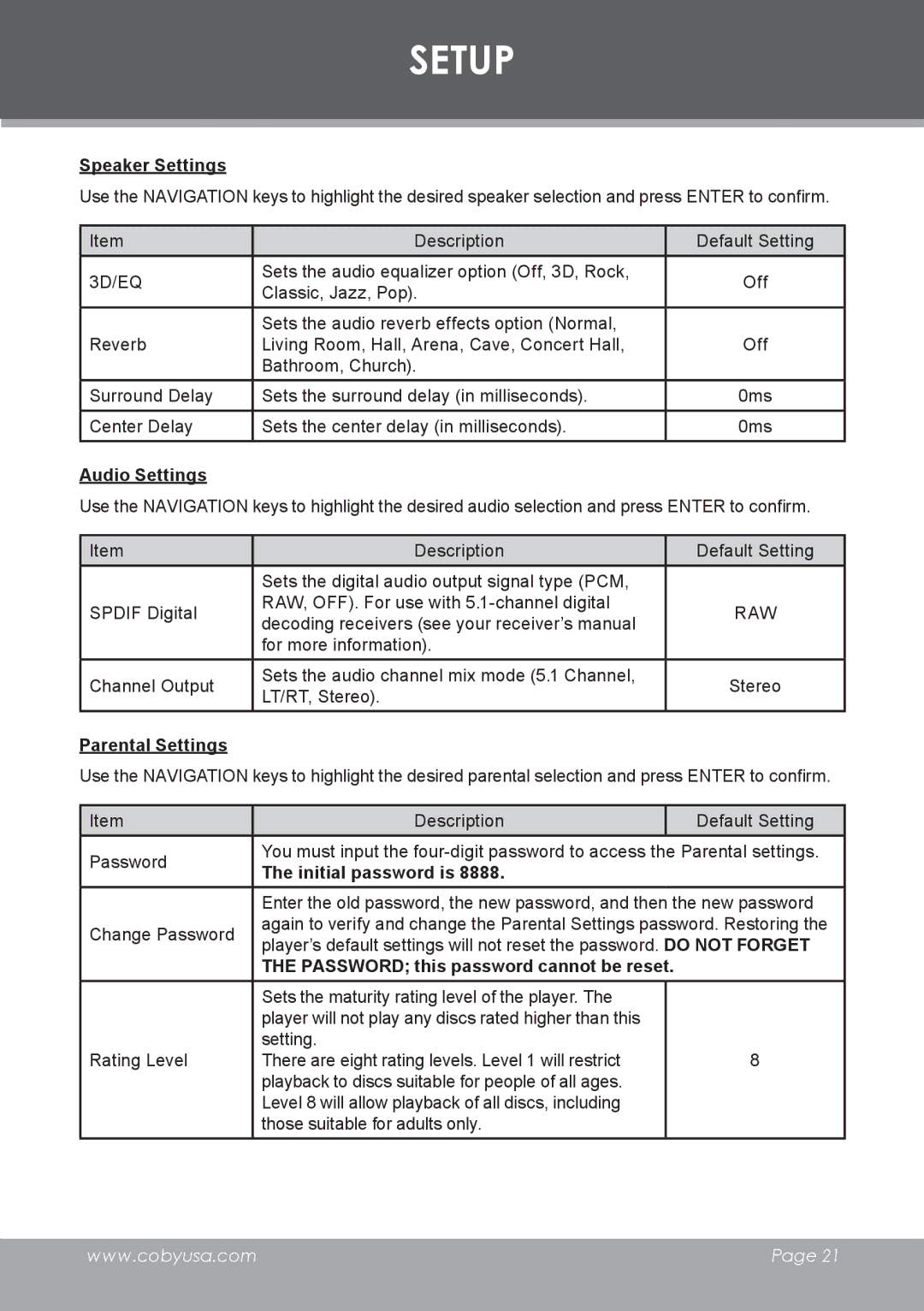 COBY electronic DVD-755 instruction manual Speaker Settings, Audio Settings, Parental Settings, Initial password is 