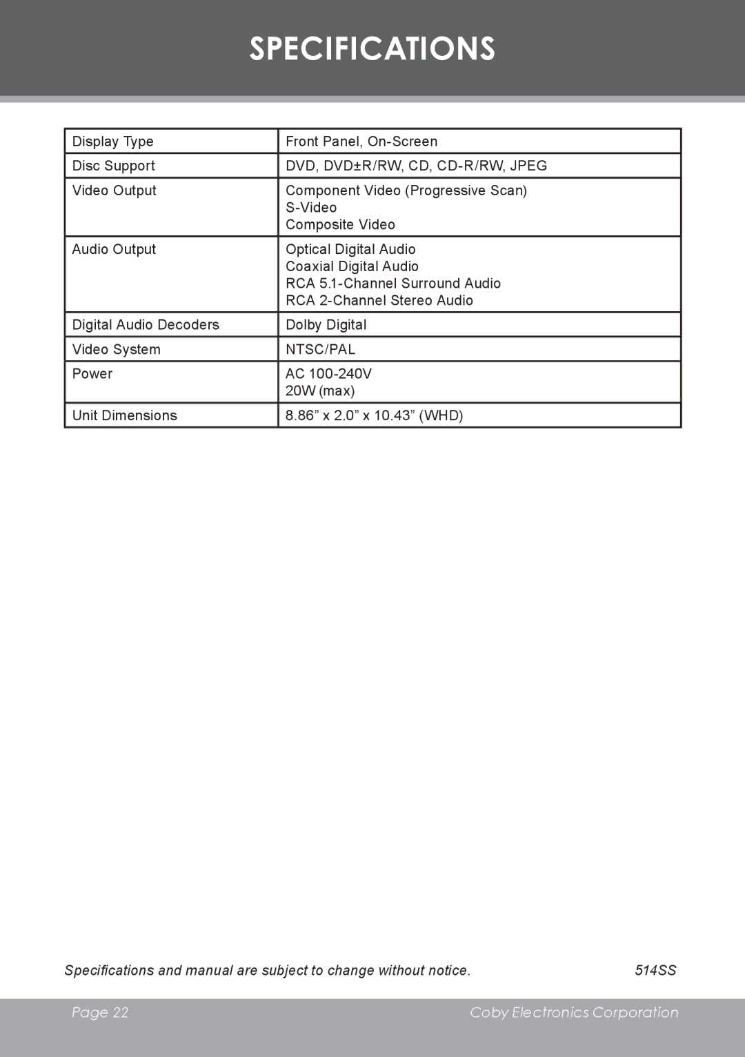 COBY electronic DVD-755 instruction manual Specifications, DVD, DVD±R/RW, CD, CD-R/RW, Jpeg 