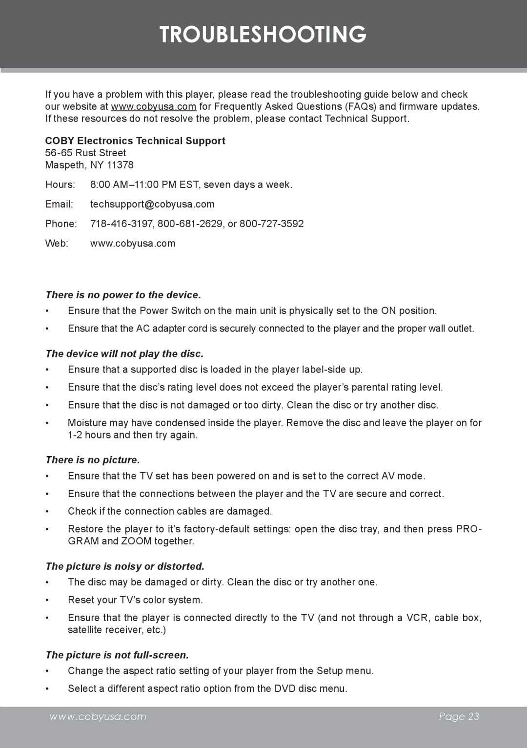 COBY electronic DVD-755 instruction manual Troubleshooting, Coby Electronics Technical Support 