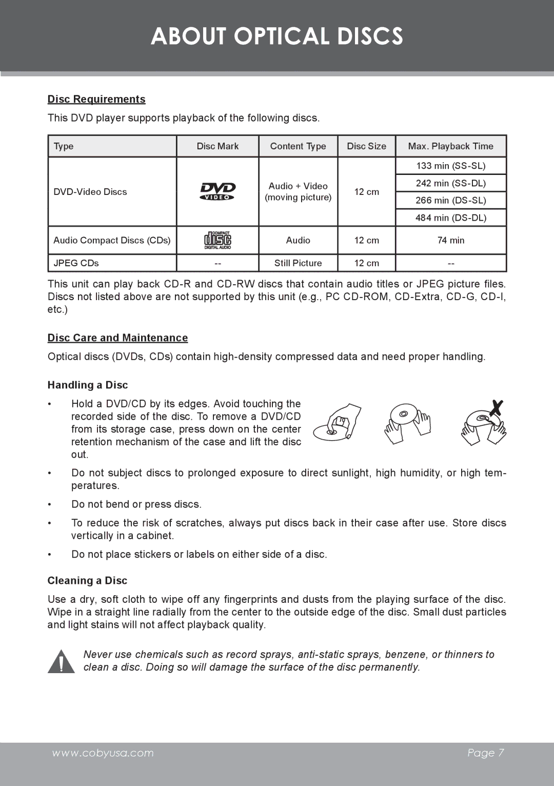 COBY electronic DVD-755 About Optical Discs, Disc Requirements, Disc Care and Maintenance, Handling a Disc 