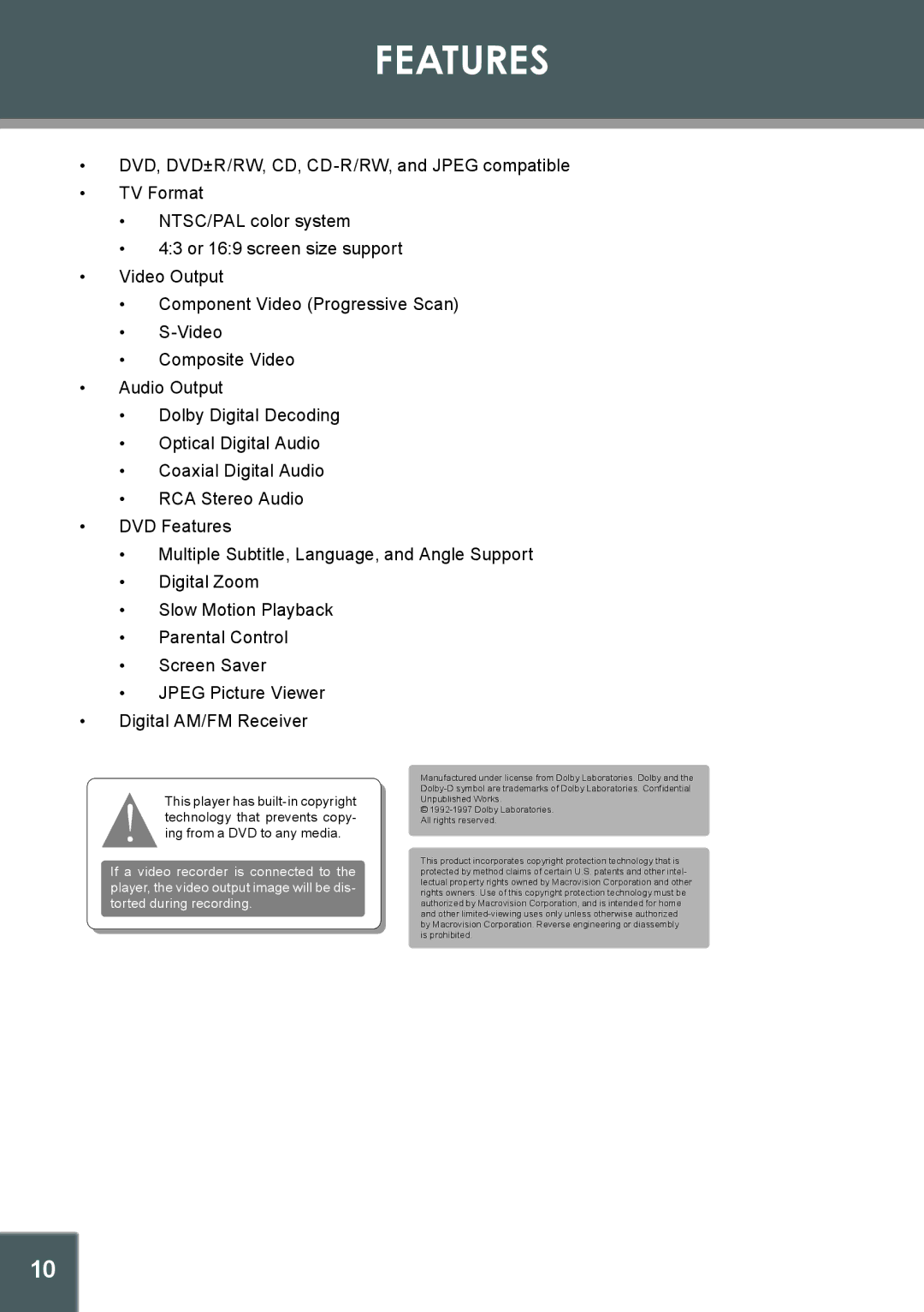 COBY electronic DVD-937 instruction manual Features 