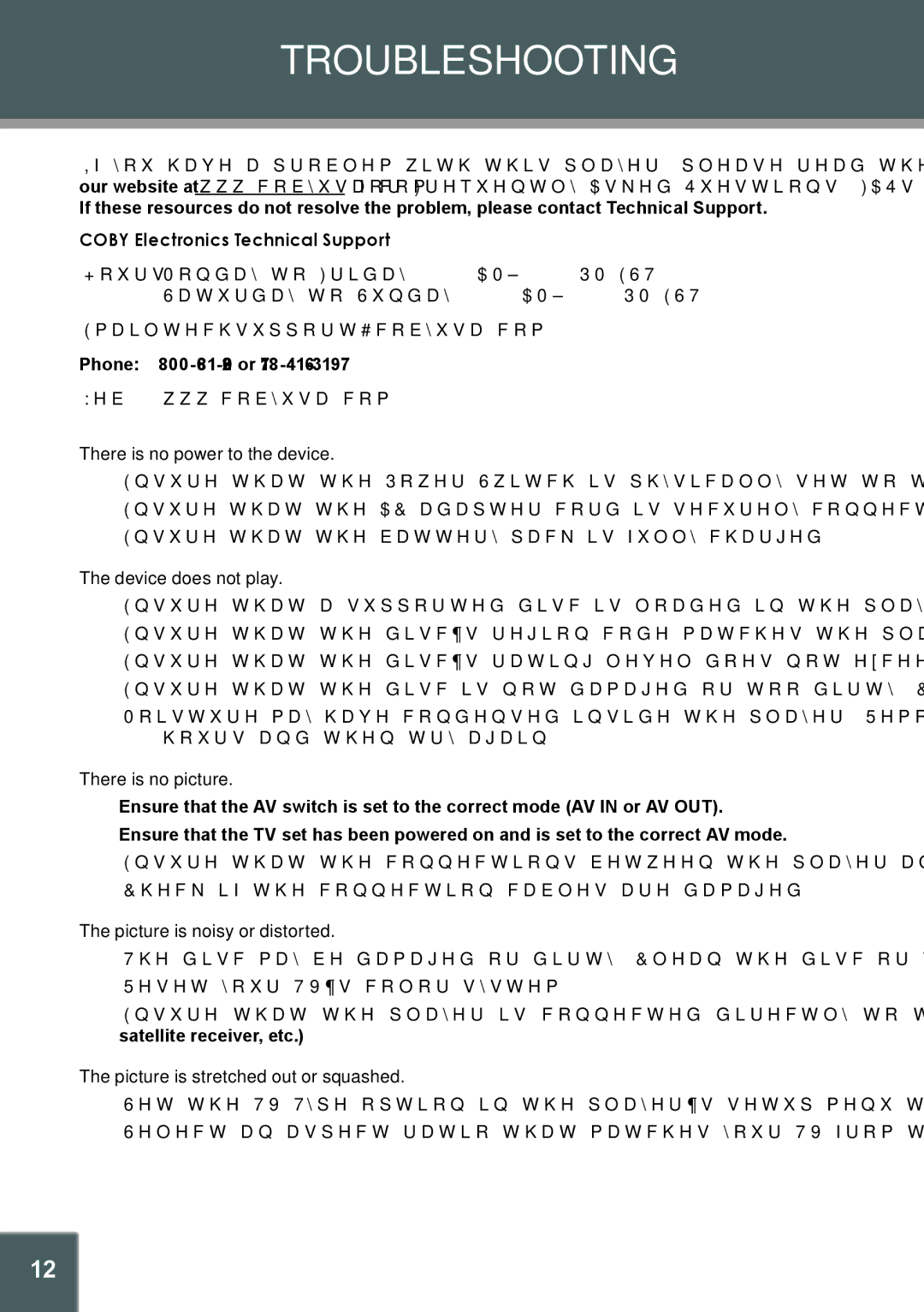 COBY electronic DVD-937 instruction manual Troubleshooting, Coby Electronics Technical Support 