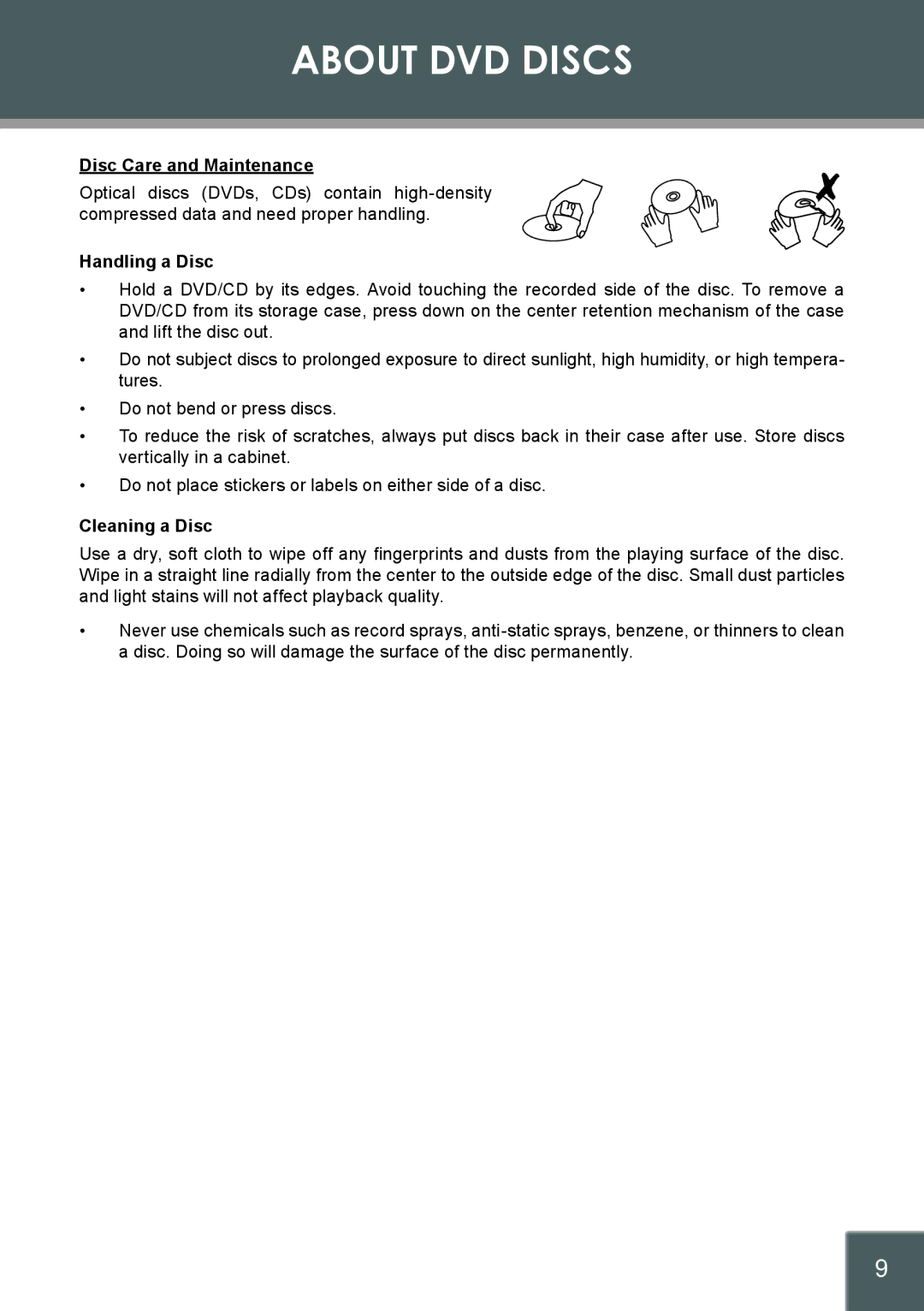 COBY electronic DVD-937 instruction manual Disc Care and Maintenance, Handling a Disc, Cleaning a Disc 