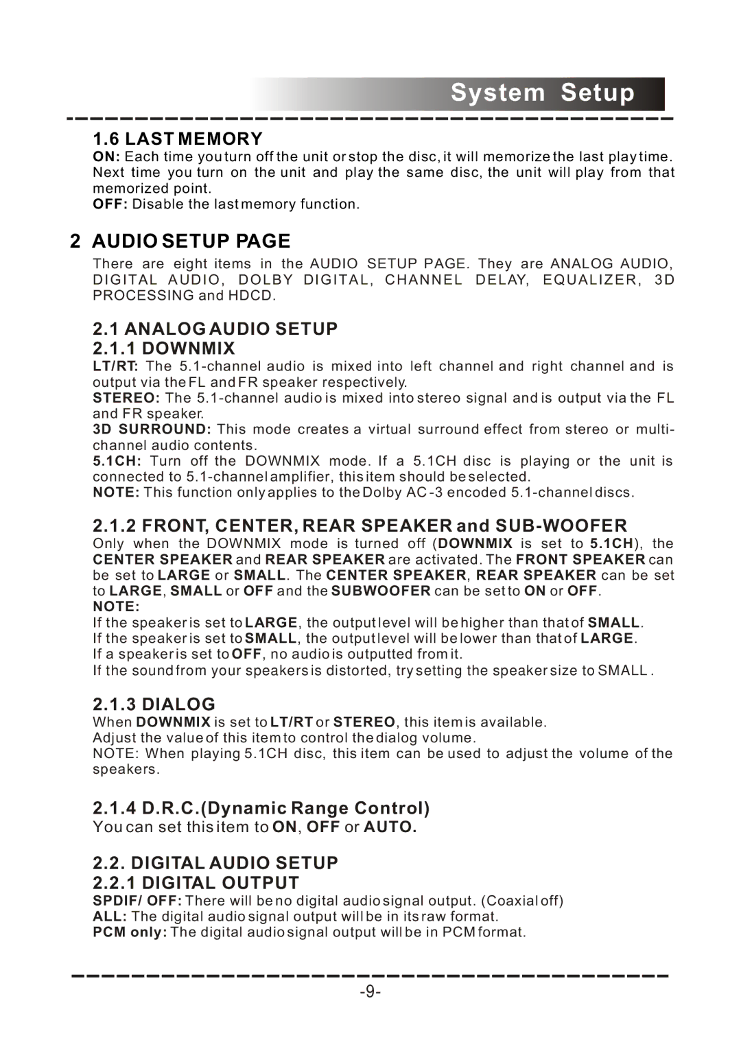 COBY electronic DVD-958 manual Last Memory, Analog Audio Setup 2.1.1 Downmix, Digital Audio Setup 2.2.1 Digital Output 