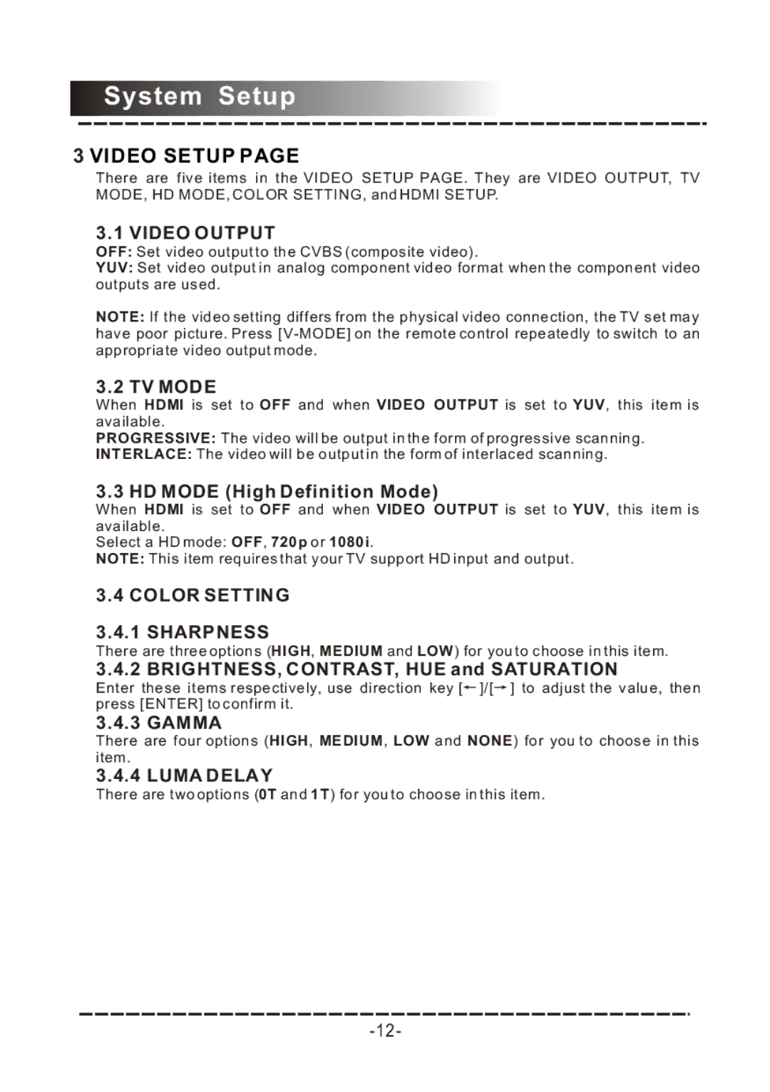 COBY electronic DVD-958 manual Video Setup, Video Output, TV Mode, Color Setting Sharpness, Luma Delay 