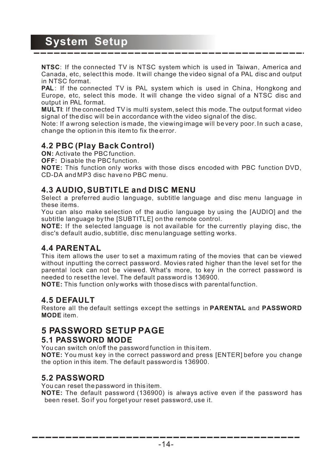 COBY electronic DVD-958 manual AUDIO, Subtitle and Disc Menu, Parental, Default, Password Mode 