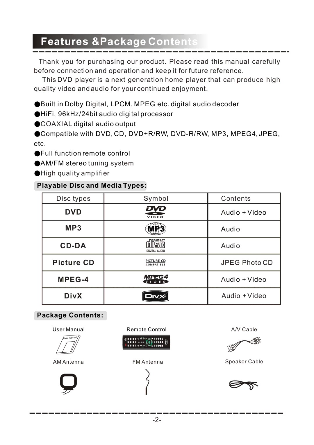 COBY electronic DVD-958 manual Features &Package Contents 