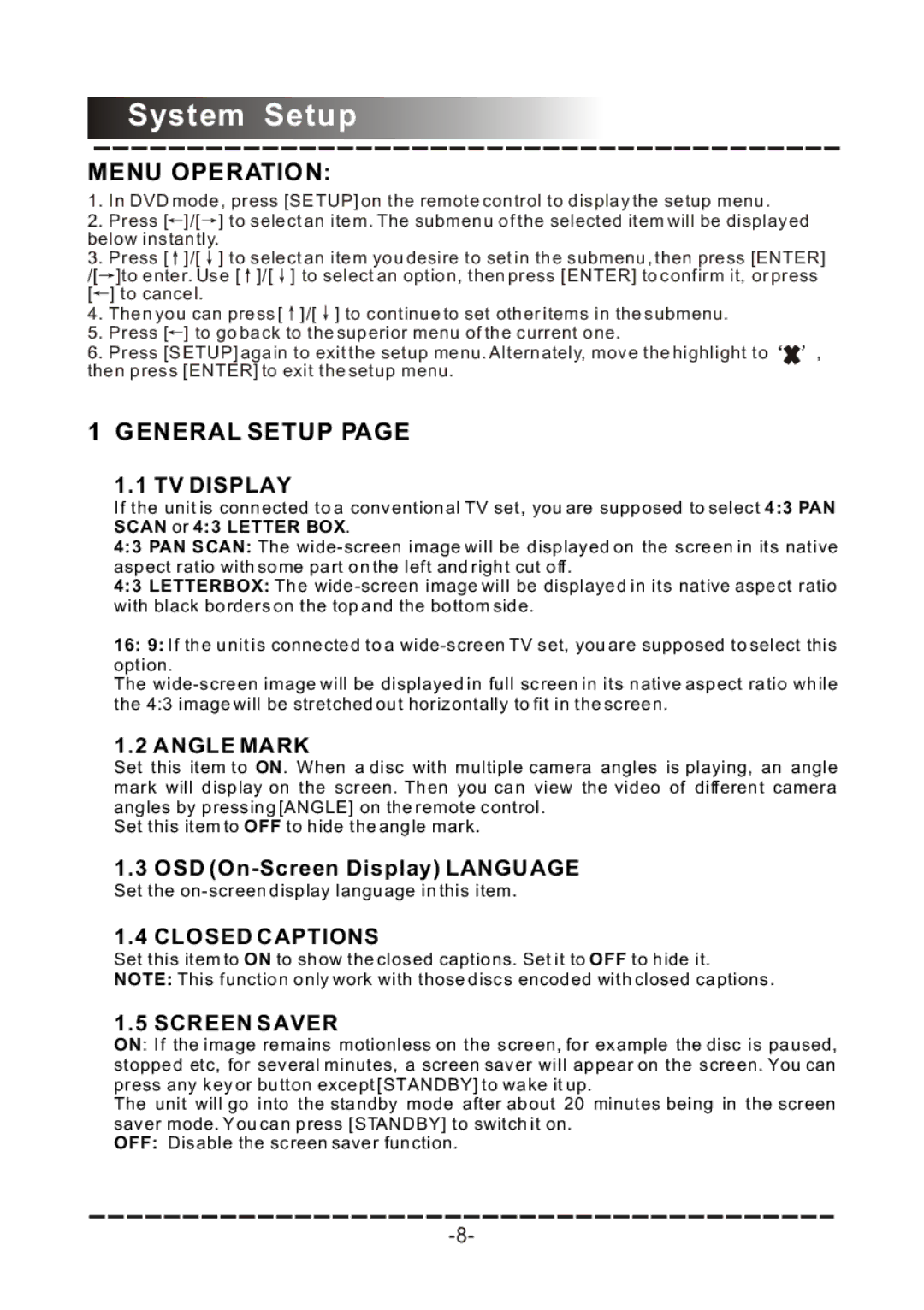 COBY electronic DVD-958 manual System Setup, Menu Operation, General Setup 