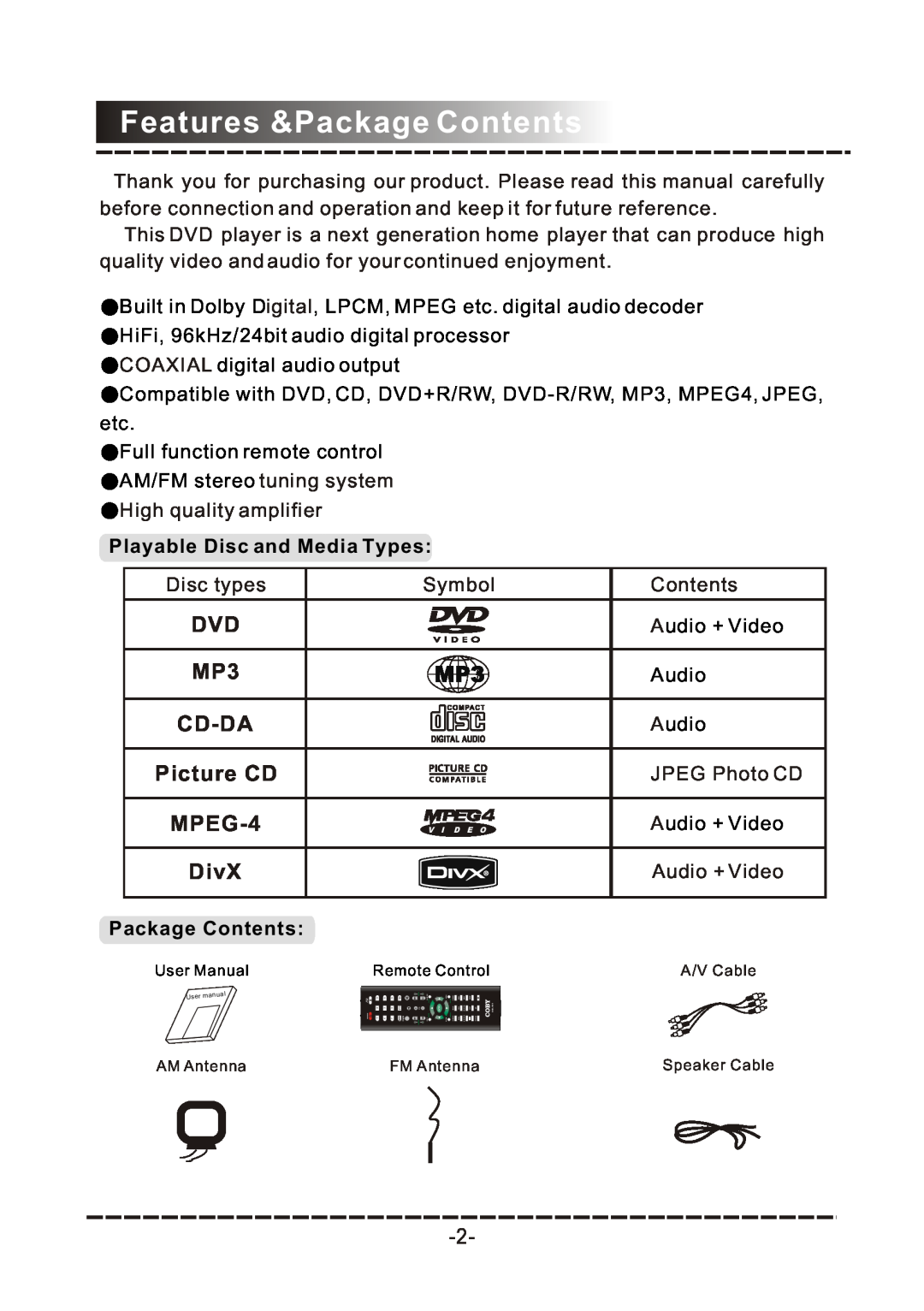 COBY electronic DVD-958 manual Features &Package Contents, Cd-Da, Picture CD, MPEG-4, DivX, Playable Disc and Media Types 