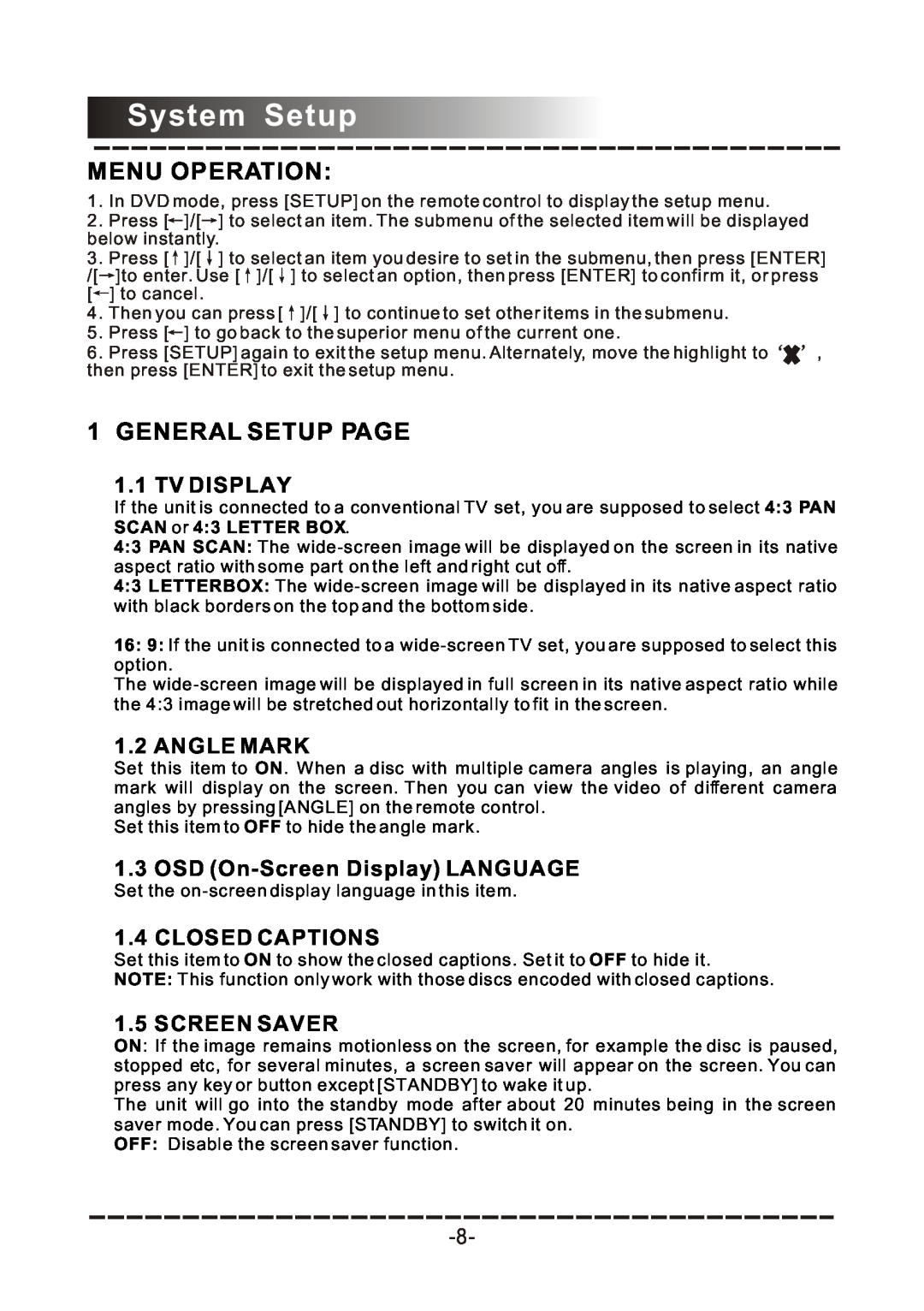COBY electronic DVD-958 manual System Setup, Menu Operation, General Setup Page 