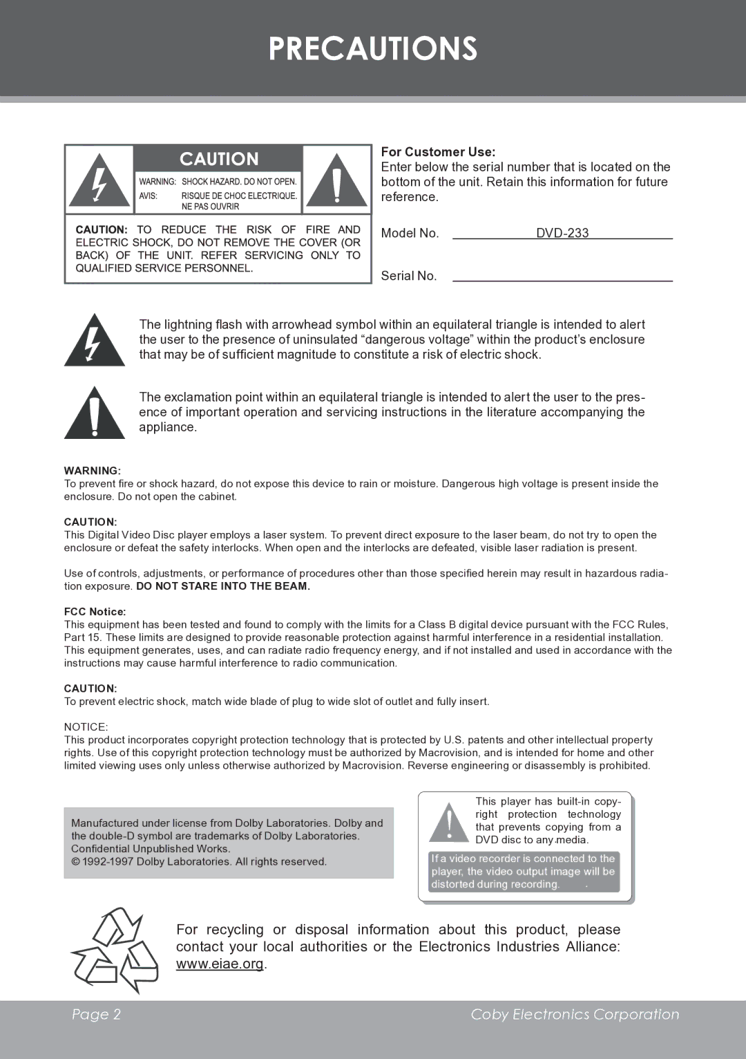 COBY electronic DVD233 instruction manual Precautions, For Customer Use 