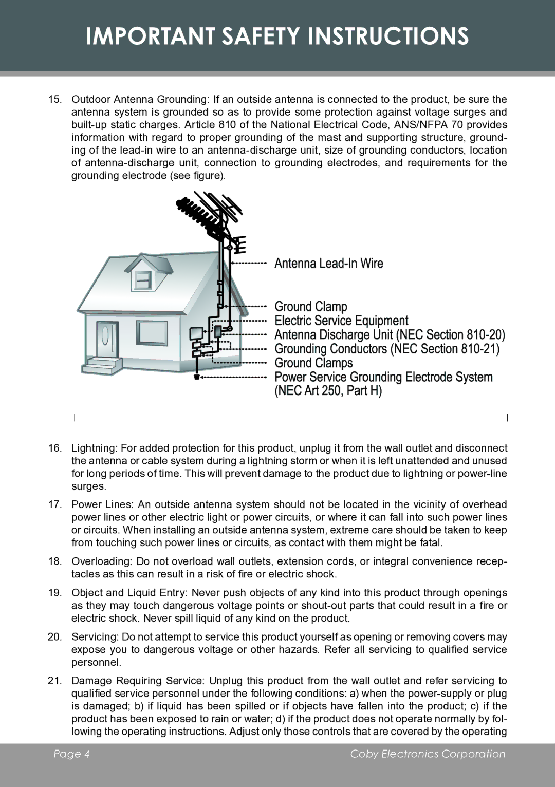 COBY electronic DVD233 instruction manual Important Safety Instructions 