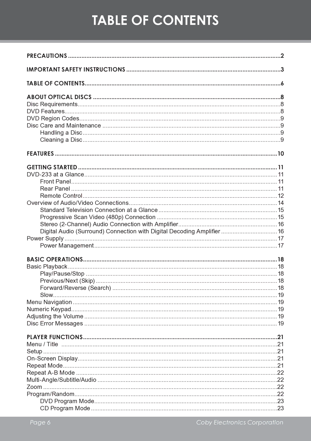 COBY electronic DVD233 instruction manual Table of Contents 