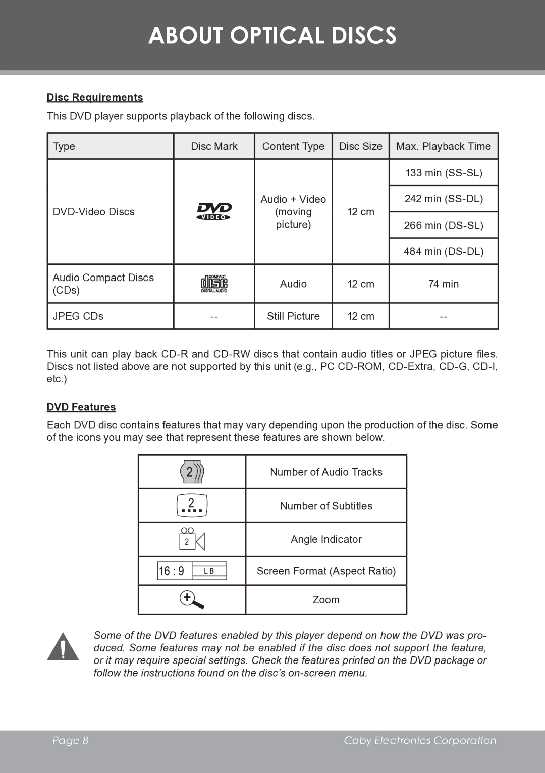 COBY electronic DVD233 instruction manual About Optical Discs, Disc Requirements, DVD Features 