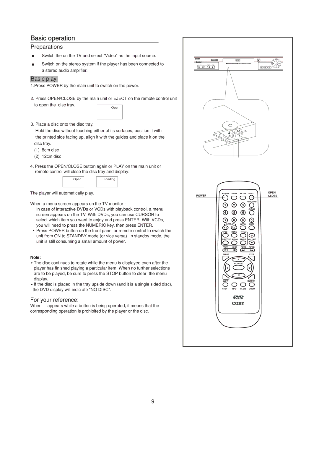 COBY electronic DVD606 manual Basic operation, Preparations 