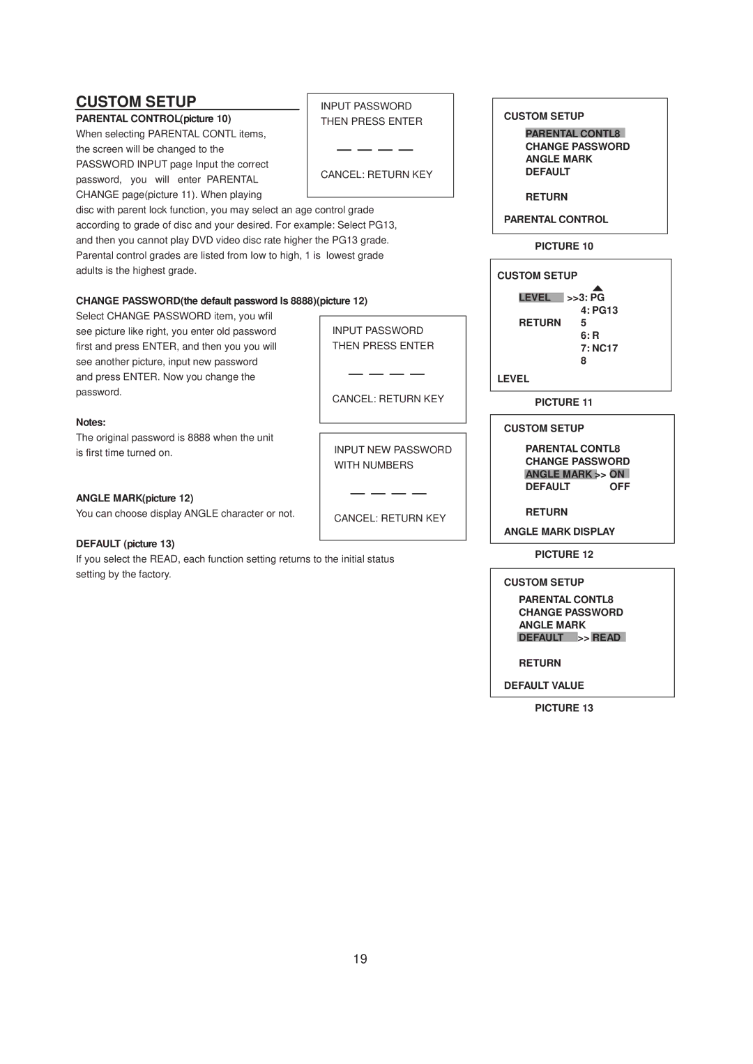 COBY electronic DVD606 Parental CONTROLpicture, Change PASSWORDthe default password Is 8888picture, PG13, Default picture 