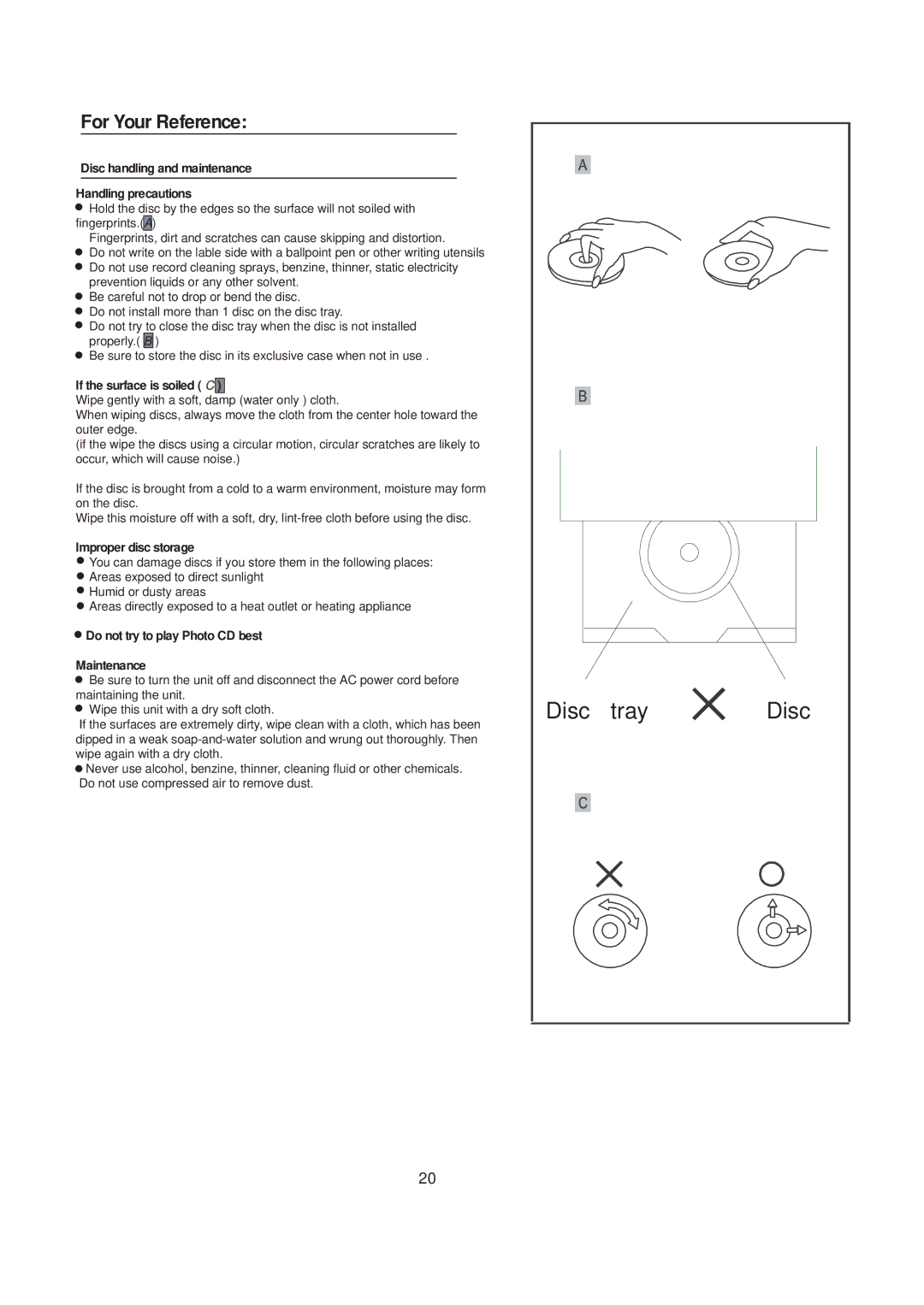 COBY electronic DVD606 For Your Reference, Disc handling and maintenance Handling precautions, If the surface is soiled C 