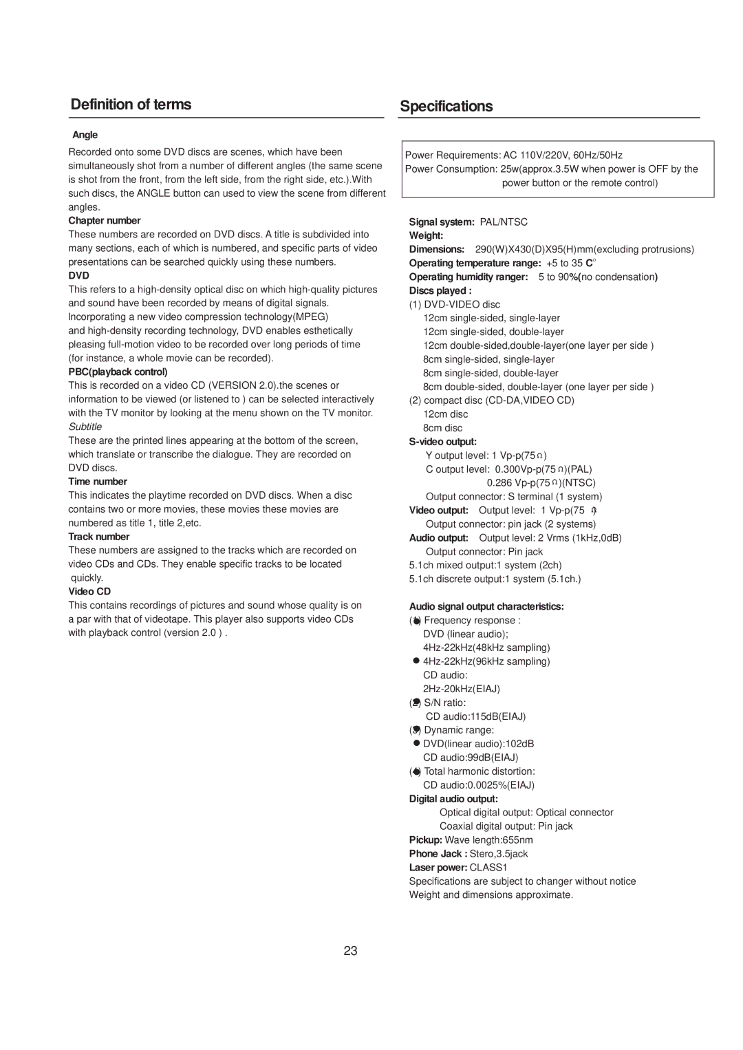 COBY electronic DVD606 manual Definition of terms Specifications 