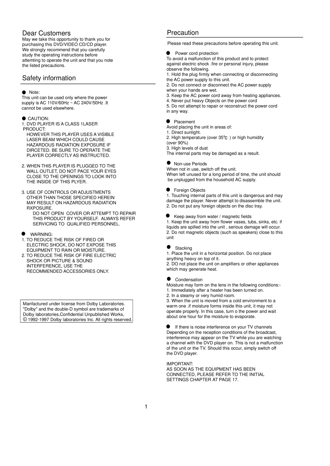 COBY electronic DVD606 manual Dear Customers, Safety information, Precaution 