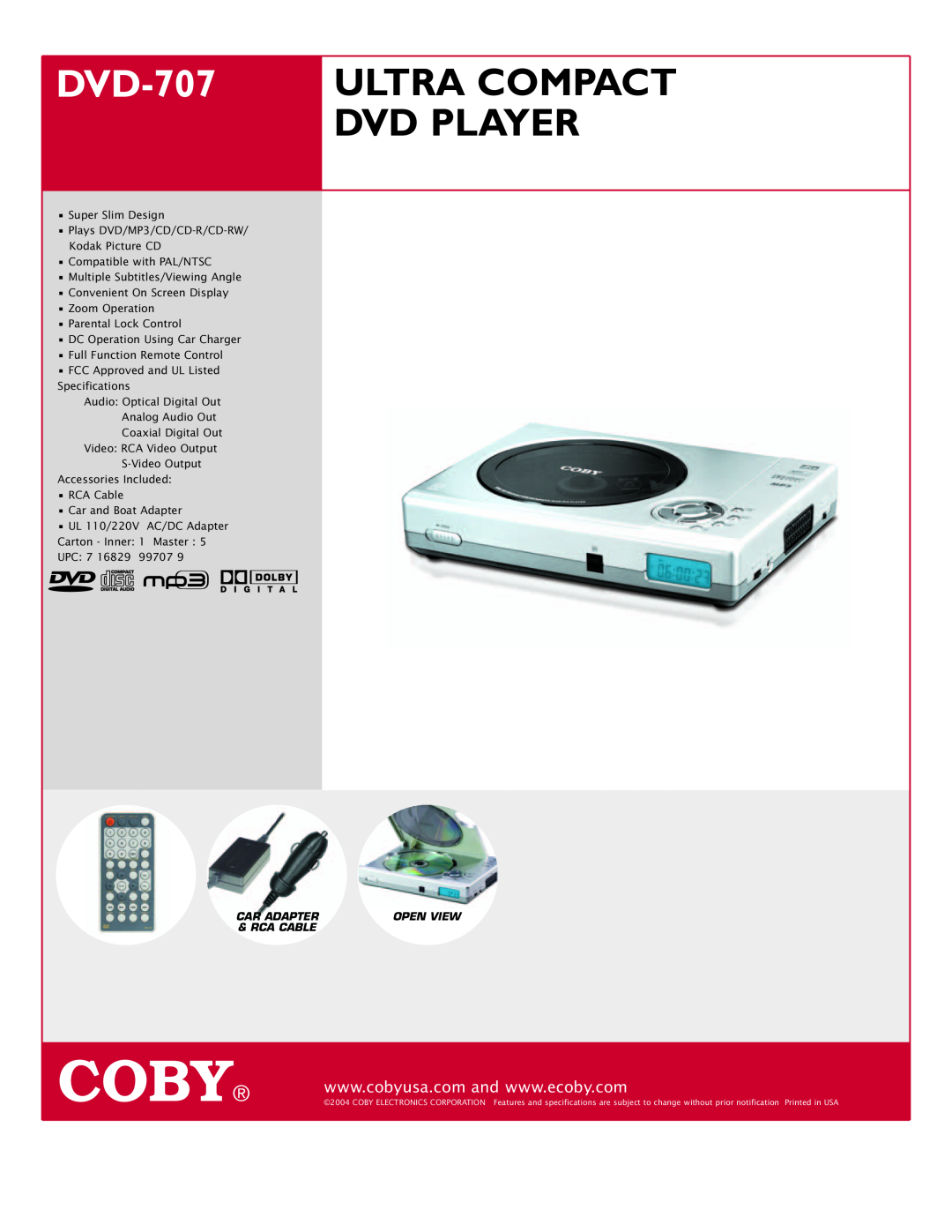 COBY electronic DVD707 specifications Coby, DVD-707, Ultra Compact, Dvd Player, Car Adapter, Open View, Rca Cable 
