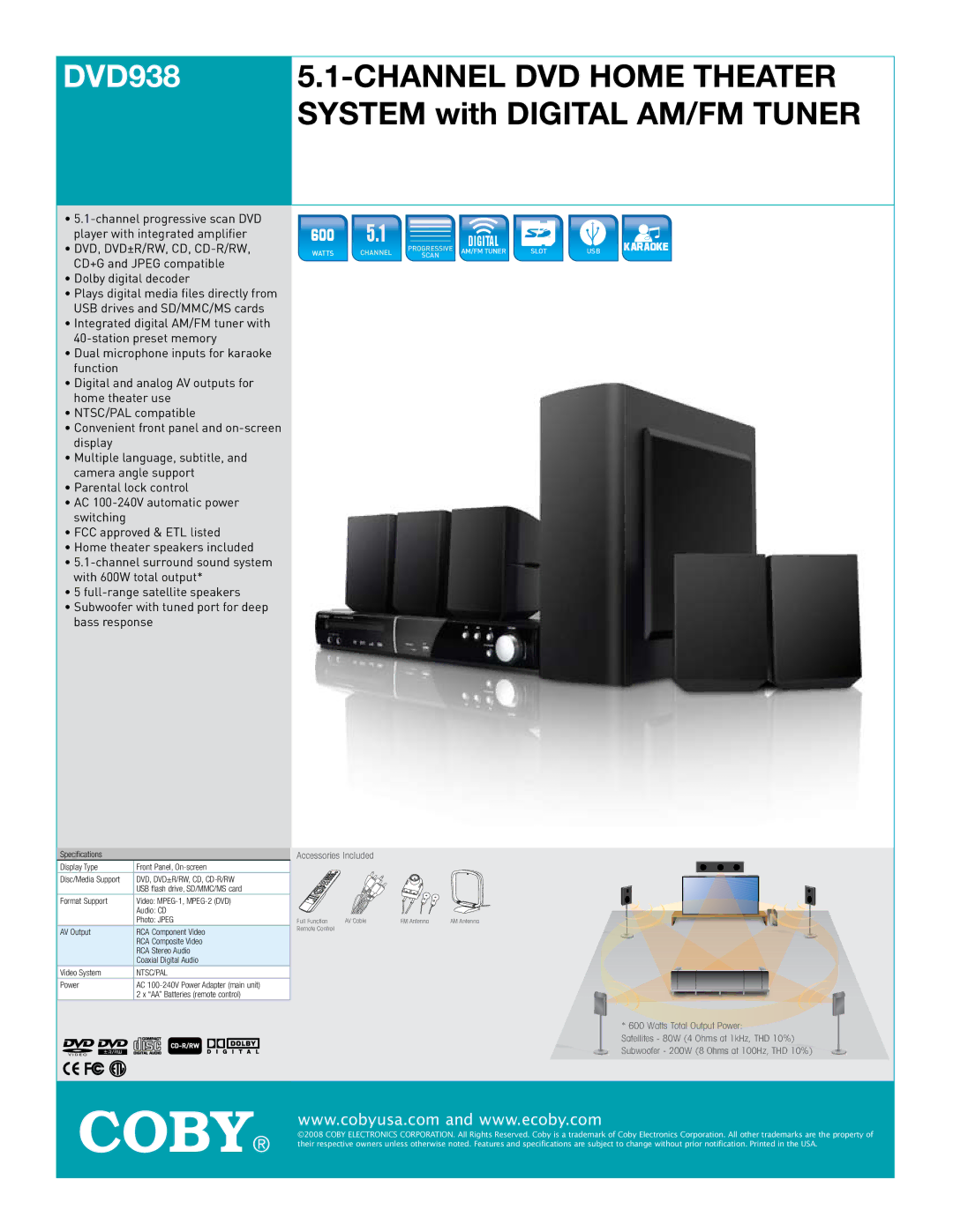 COBY electronic DVD938 specifications Channel DVD Home Theater System with Digital AM/FM Tuner, , $5$2 
