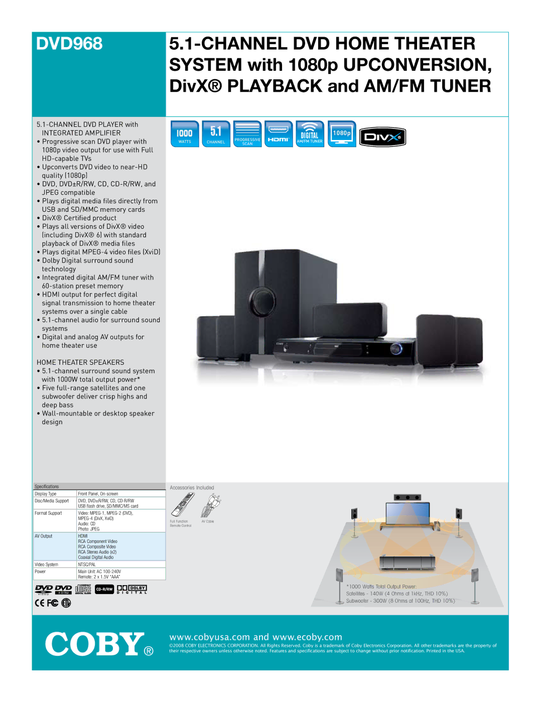 COBY electronic DVD968 specifications , Integrated Amplifier, Home Theater Speakers, 1080p 
