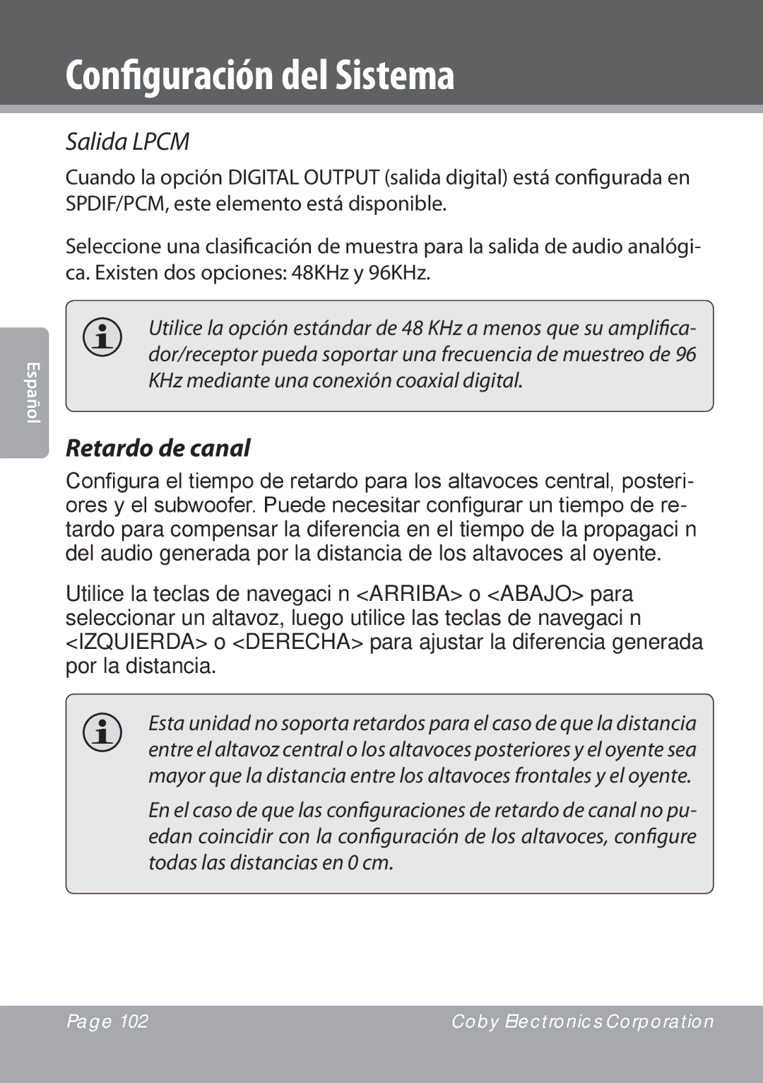 COBY electronic DVD978 instruction manual Salida Lpcm, Retardo de canal 