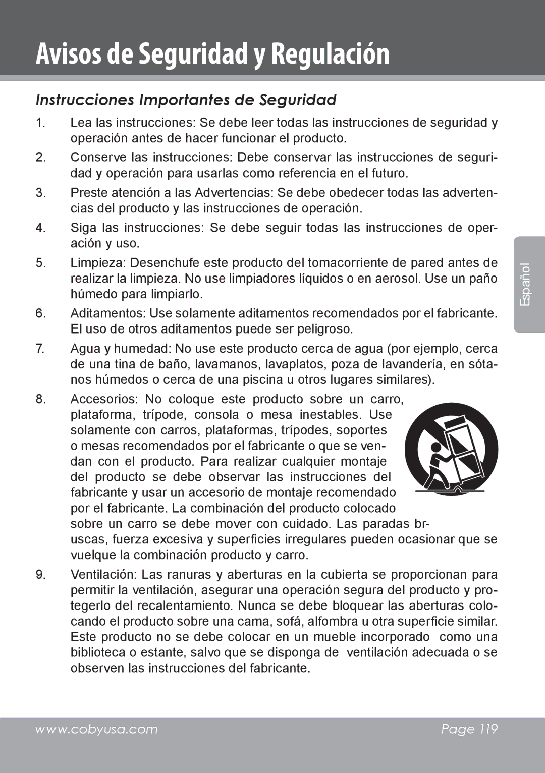 COBY electronic DVD978 instruction manual Avisos de Seguridad y Regulación, Instrucciones Importantes de Seguridad 