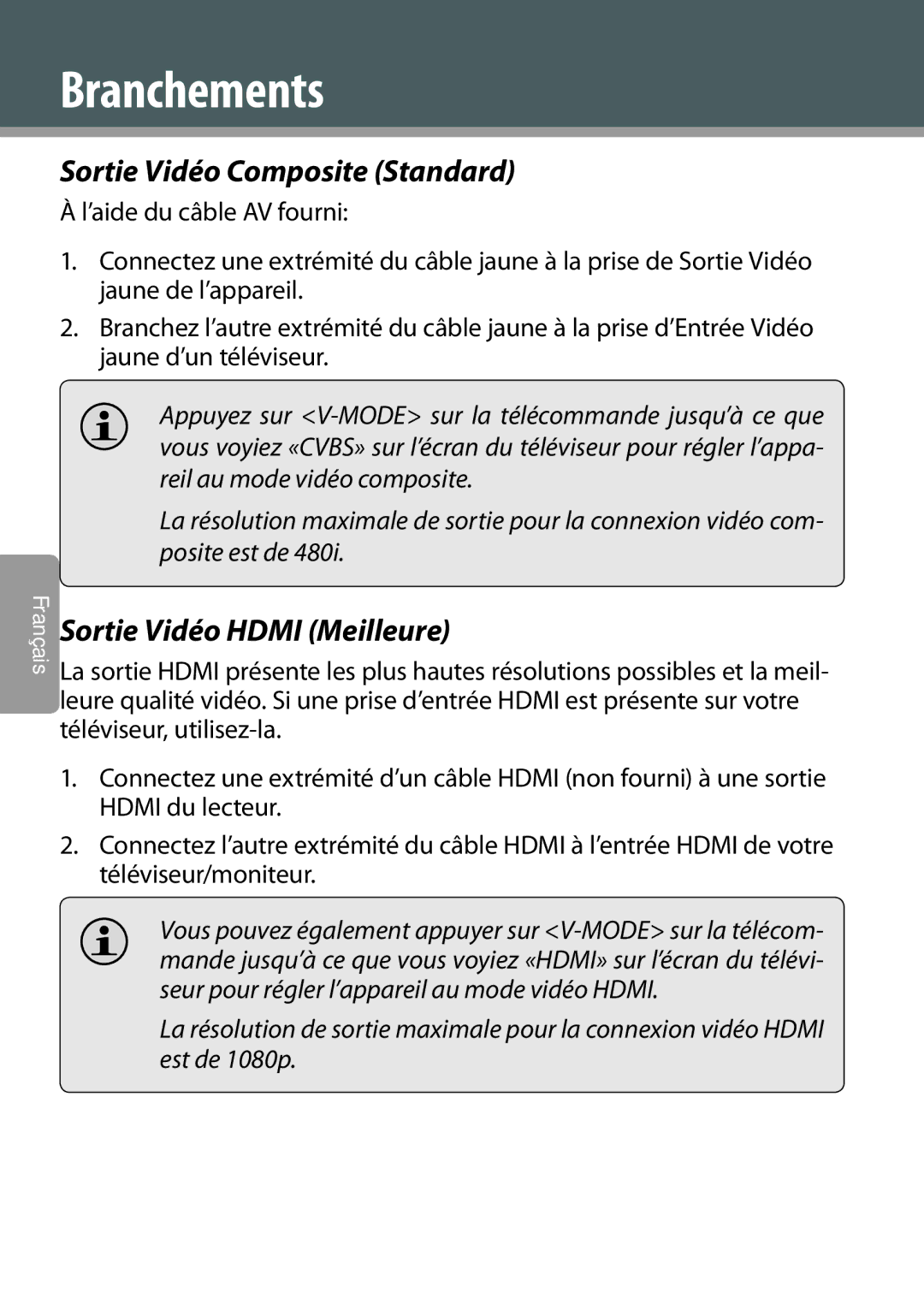 COBY electronic DVD978 instruction manual Sortie Vidéo Composite Standard, Sortie Vidéo Hdmi Meilleure 