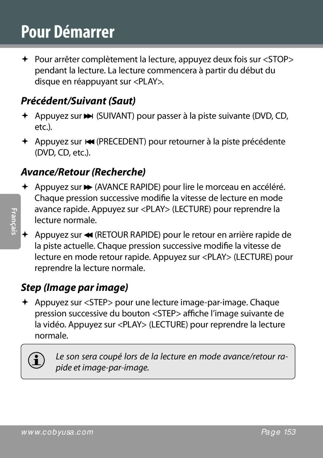 COBY electronic DVD978 instruction manual Précédent/Suivant Saut, Avance/Retour Recherche, Step Image par image 