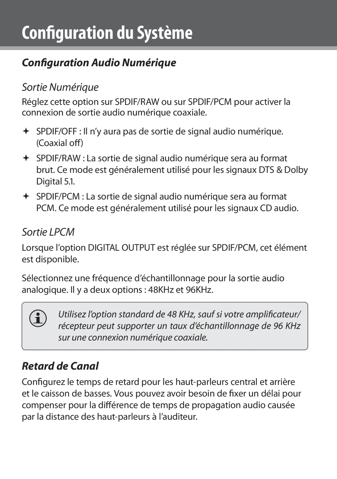 COBY electronic DVD978 instruction manual Configuration Audio Numérique, Sortie Numérique, Sortie Lpcm, Retard de Canal 