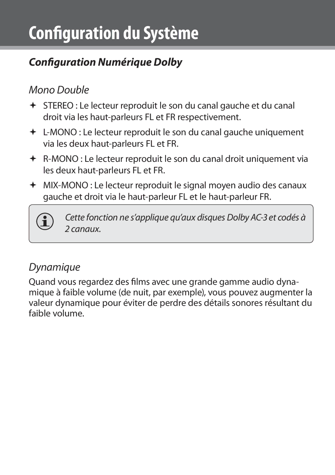 COBY electronic DVD978 instruction manual Configuration Numérique Dolby, Mono Double, Dynamique 