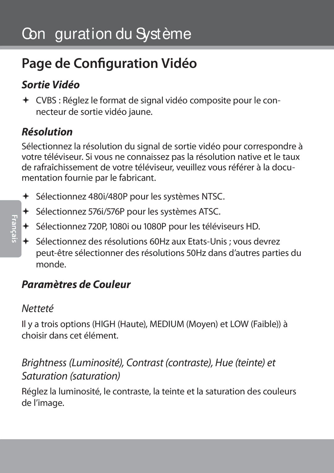 COBY electronic DVD978 instruction manual De Configuration Vidéo, Sortie Vidéo, Résolution, Paramètres de Couleur, Netteté 