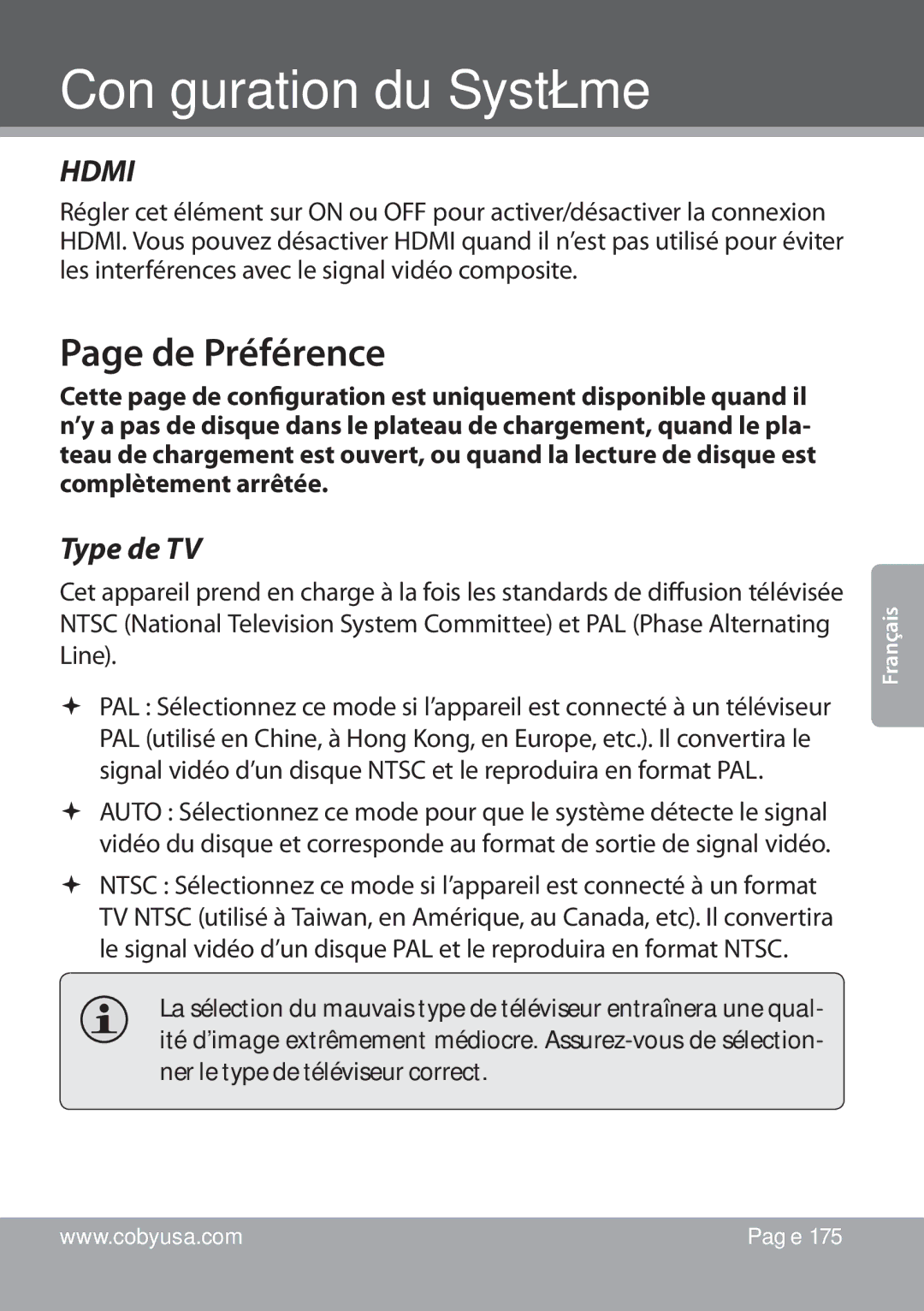 COBY electronic DVD978 instruction manual De Préférence, Type de TV 