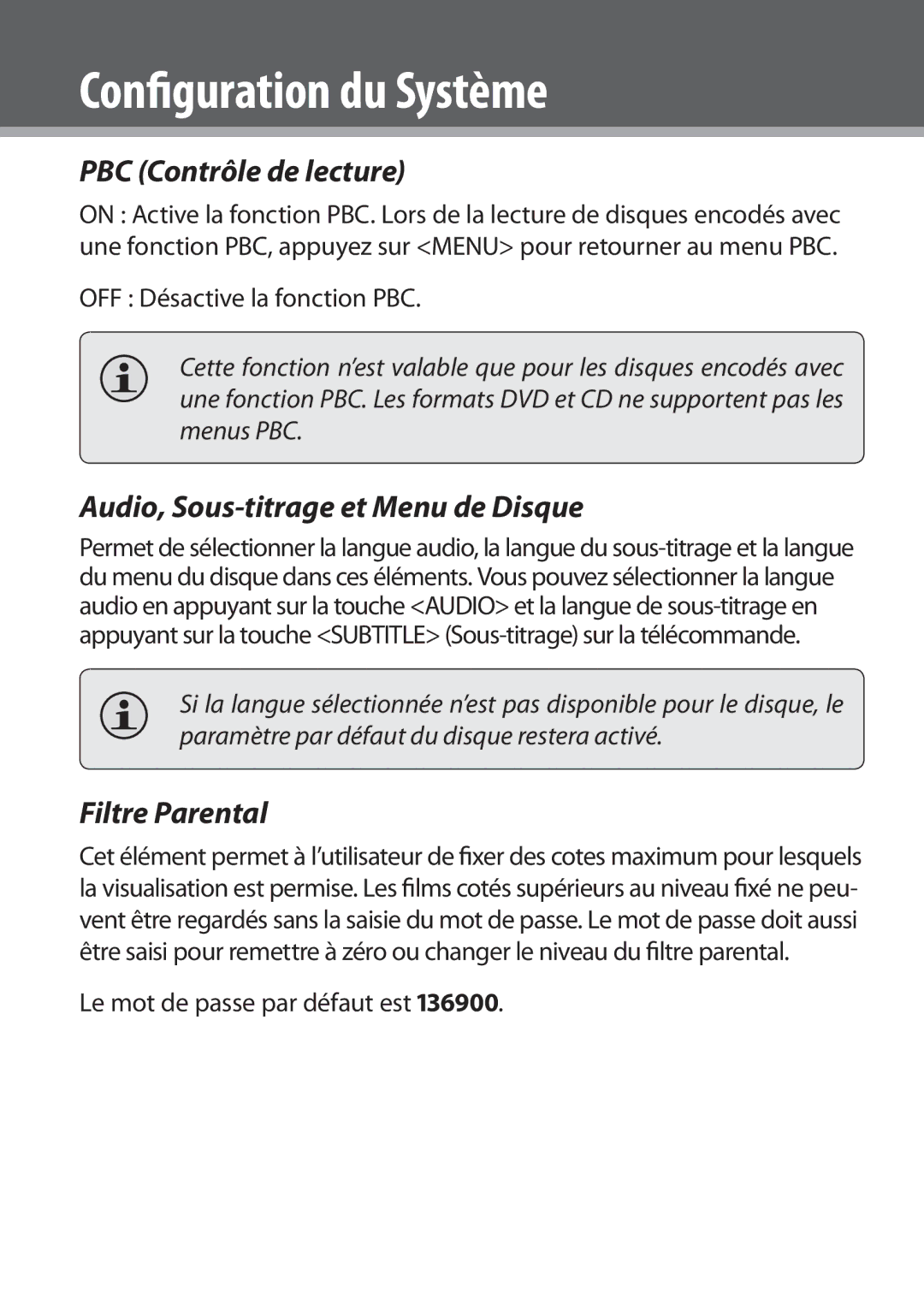 COBY electronic DVD978 instruction manual PBC Contrôle de lecture, Audio, Sous-titrage et Menu de Disque, Filtre Parental 