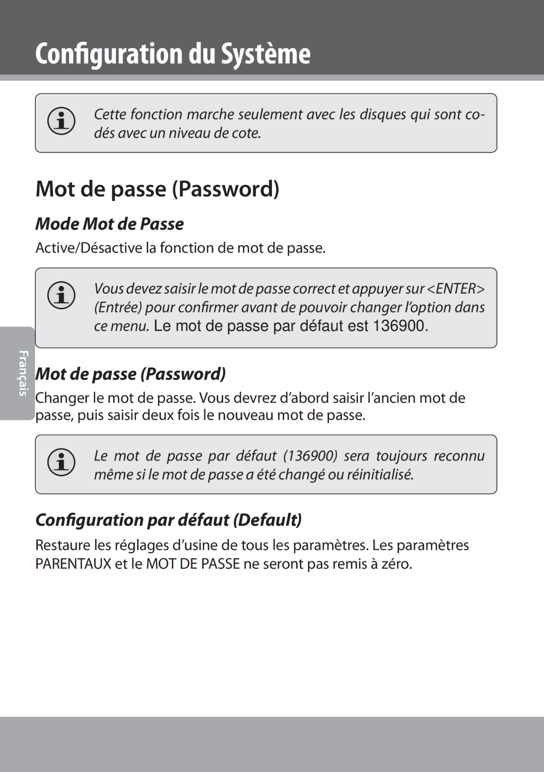 COBY electronic DVD978 instruction manual Mot de passe Password, Mode Mot de Passe, Configuration par défaut Default 