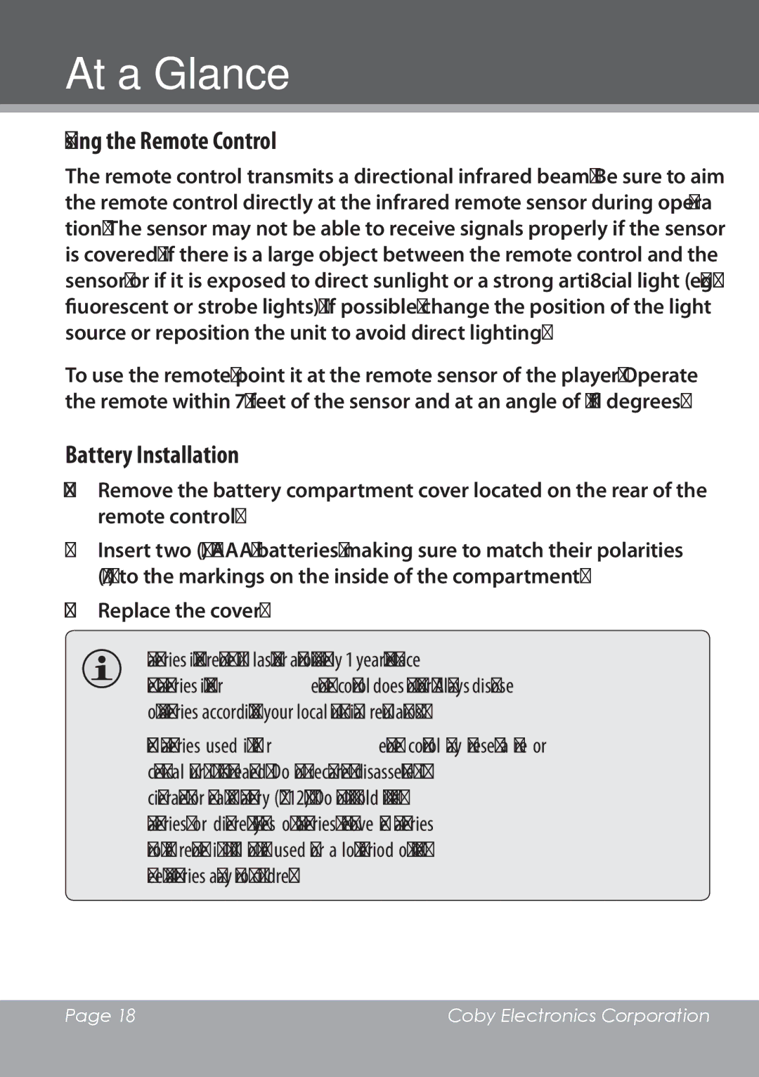 COBY electronic DVD978 instruction manual Using the Remote Control, Battery Installation 