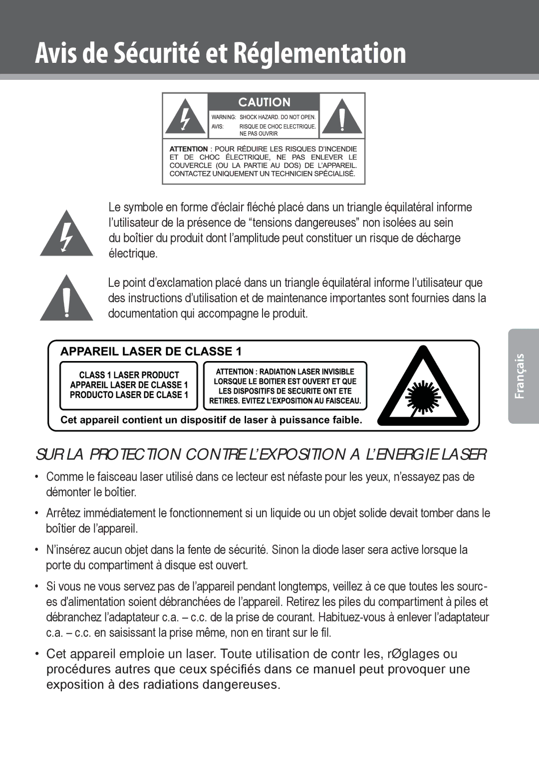 COBY electronic DVD978 instruction manual Avis de Sécurité et Réglementation 