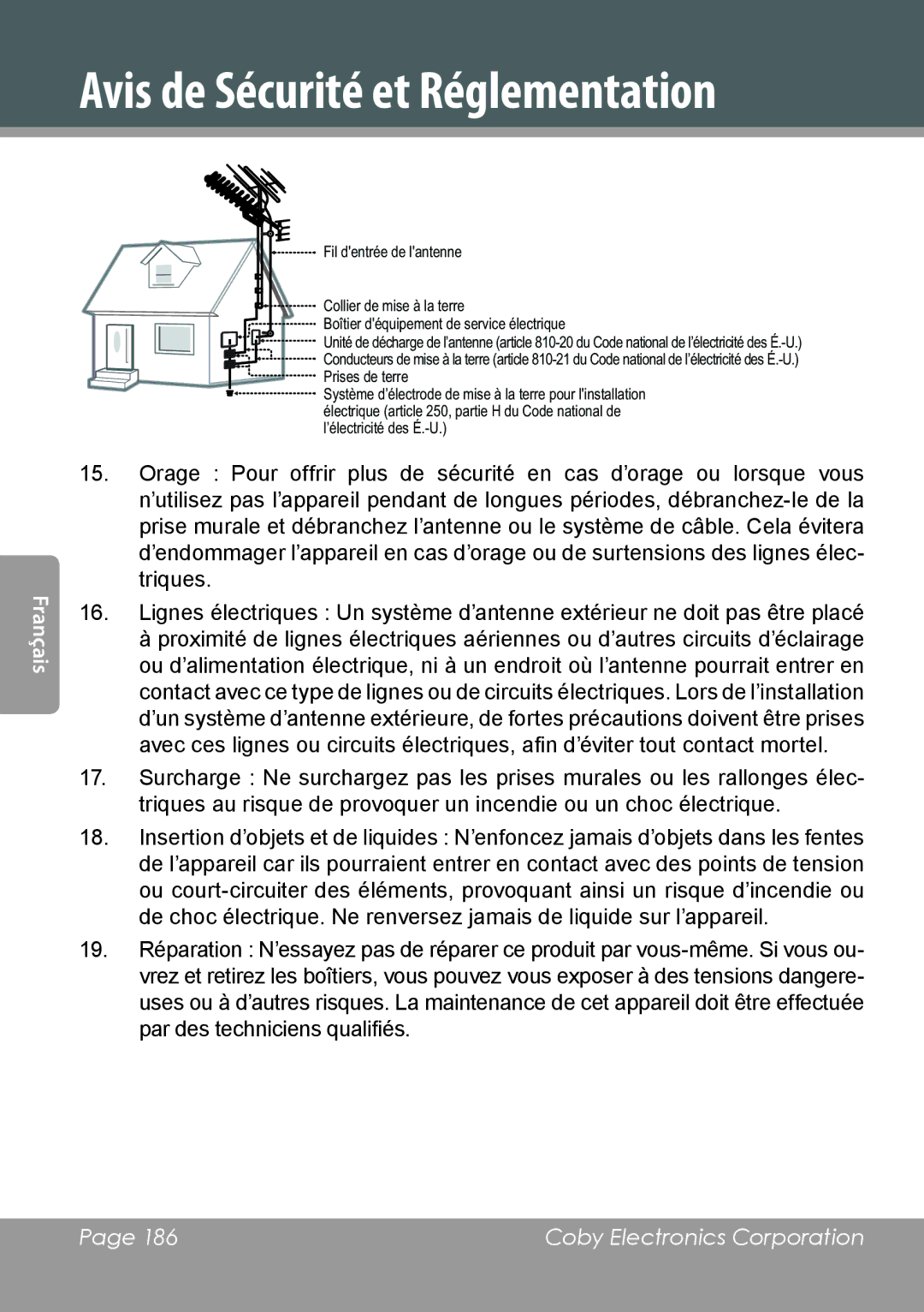 COBY electronic DVD978 instruction manual Avis de Sécurité et Réglementation 