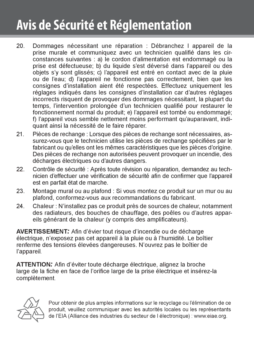 COBY electronic DVD978 instruction manual Avis de Sécurité et Réglementation 