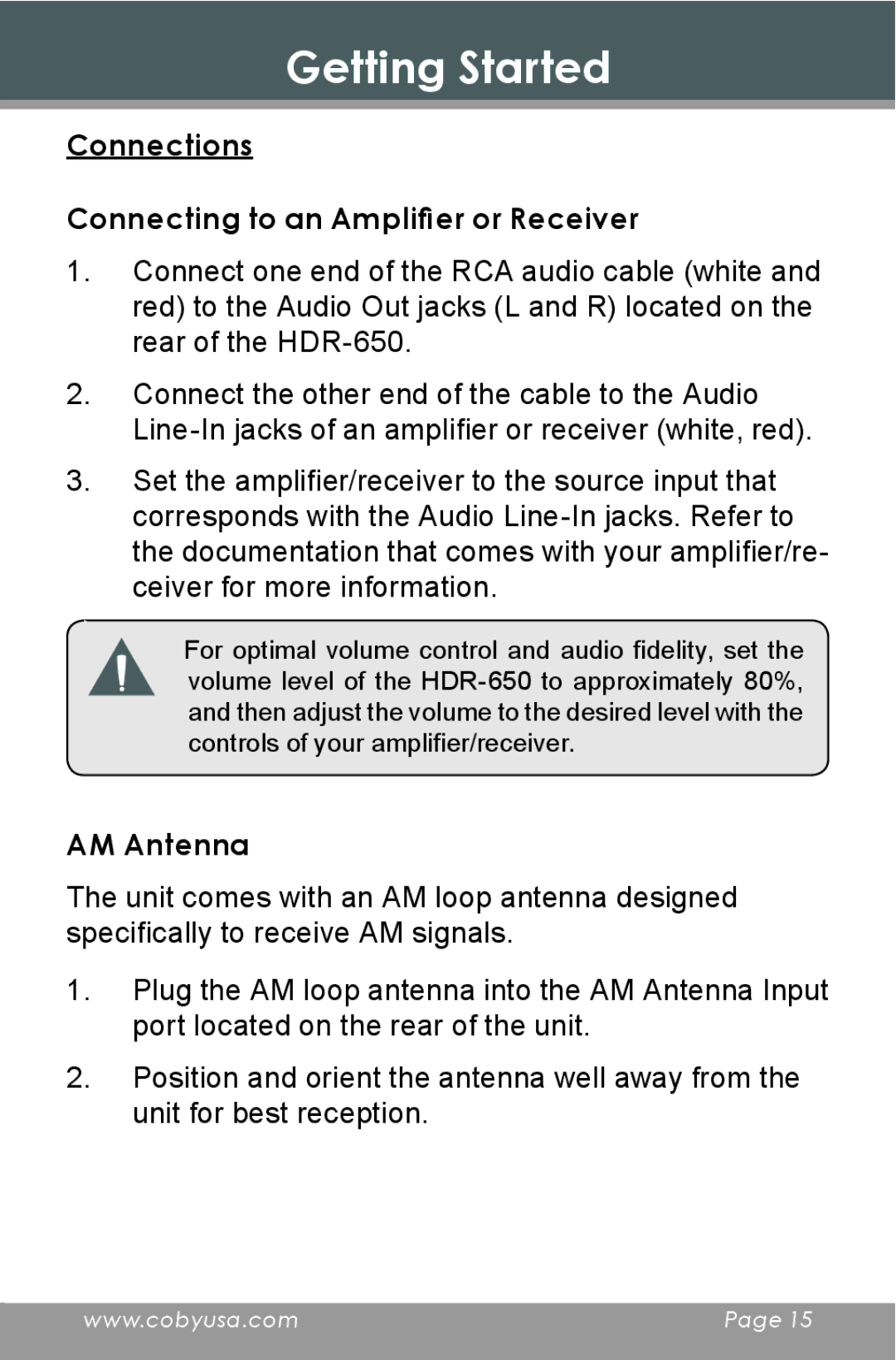 COBY electronic HDR-650 instruction manual Connections Connecting to an Amplifier or Receiver, AM Antenna 