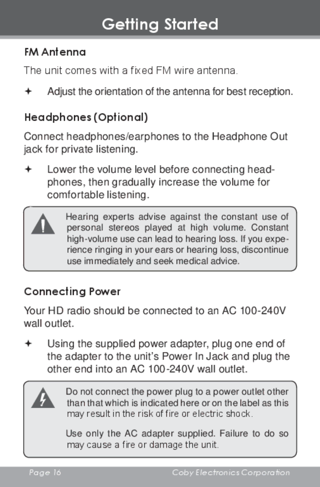 COBY electronic HDR-650 instruction manual FM Antenna, Headphones Optional, Connecting Power 