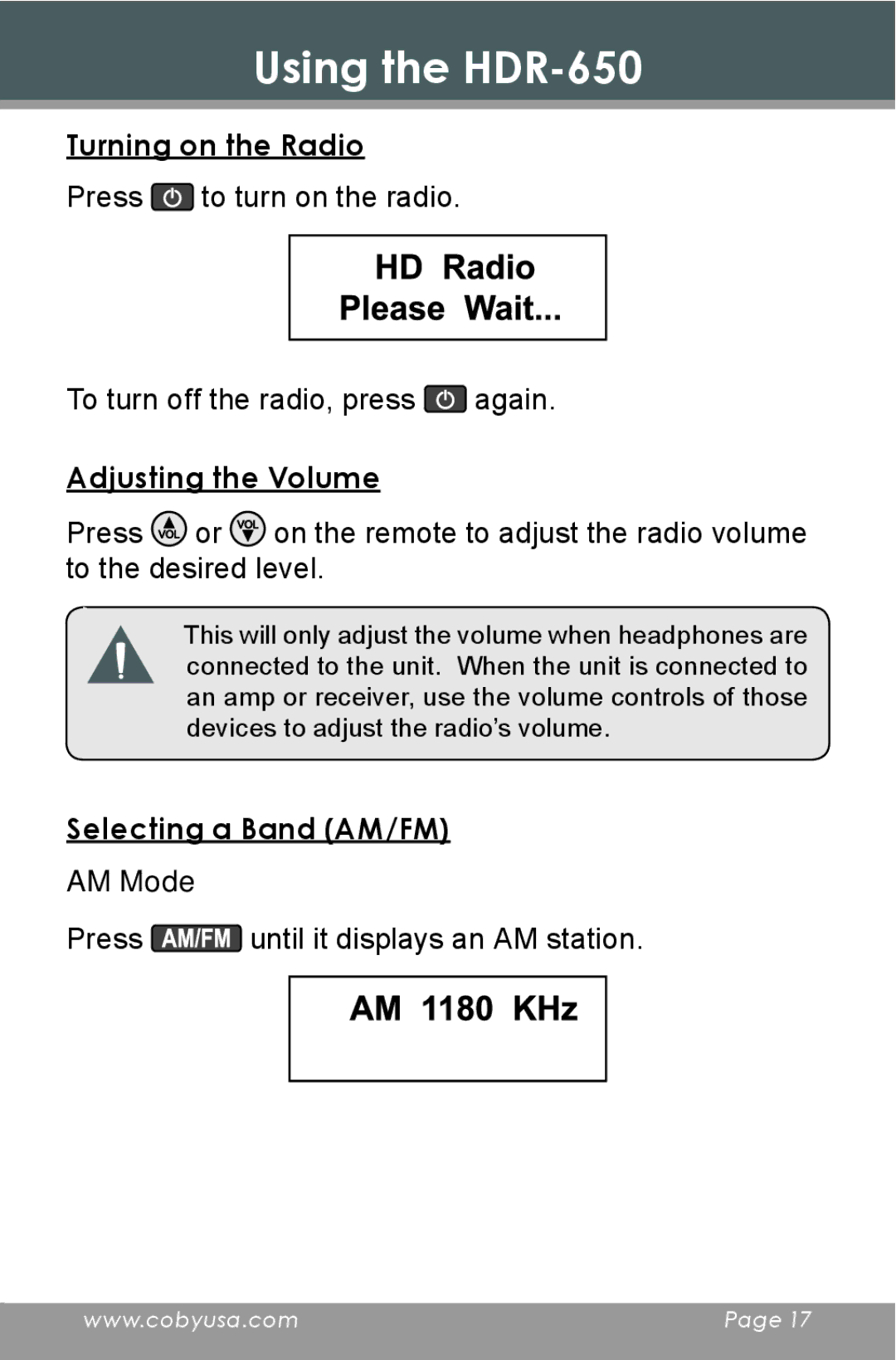 COBY electronic instruction manual Using the HDR-650, HD Radio Please Wait, AM 1180 KHz 