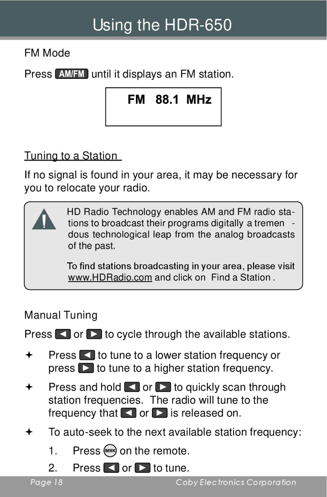 COBY electronic HDR-650 instruction manual FM 88.1 MHz, Tuning to a Station, Manual Tuning 