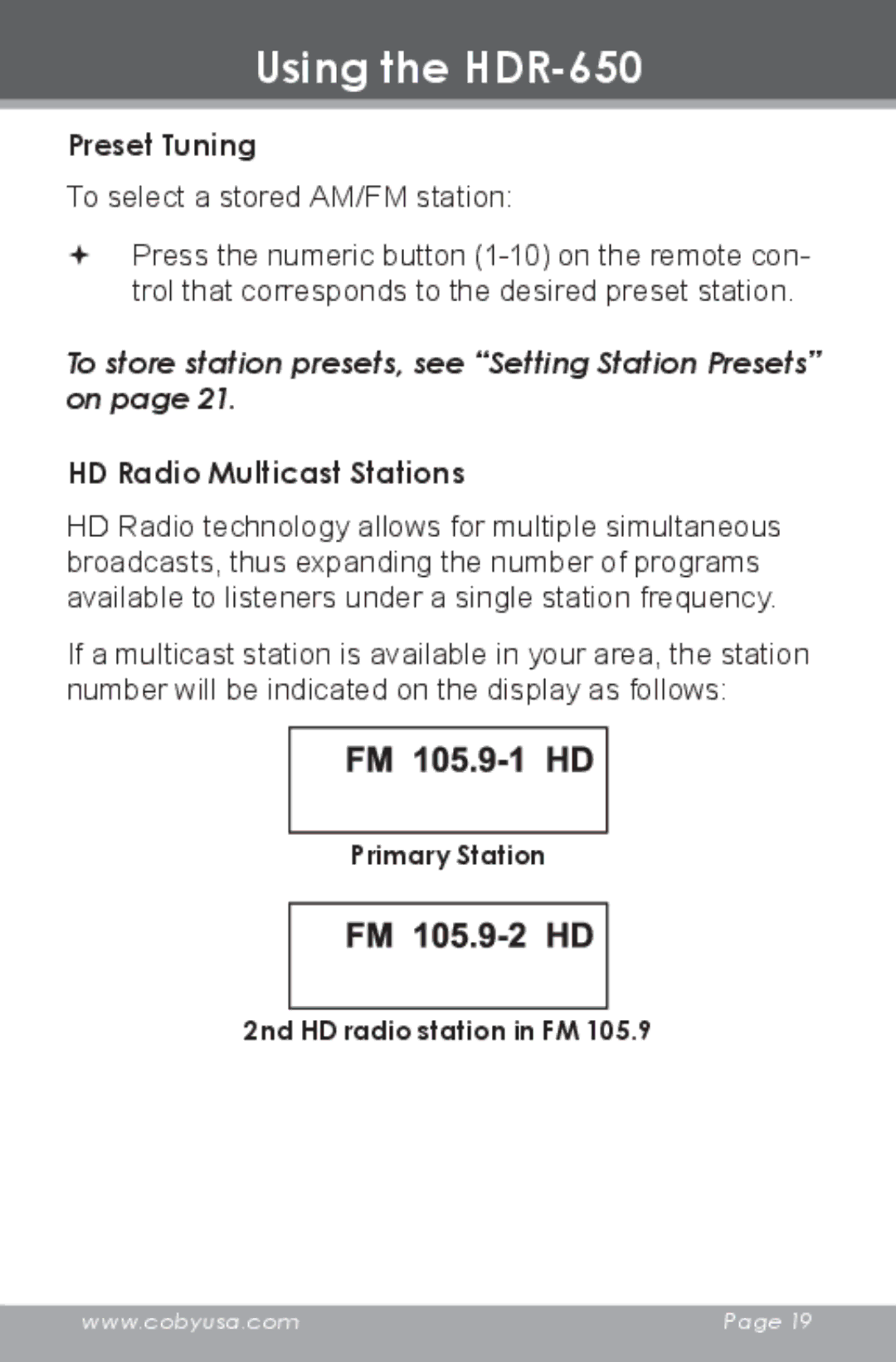 COBY electronic HDR-650 instruction manual FM 105.9-1 HD, FM 105.9-2 HD, Preset Tuning, HD Radio Multicast Stations 