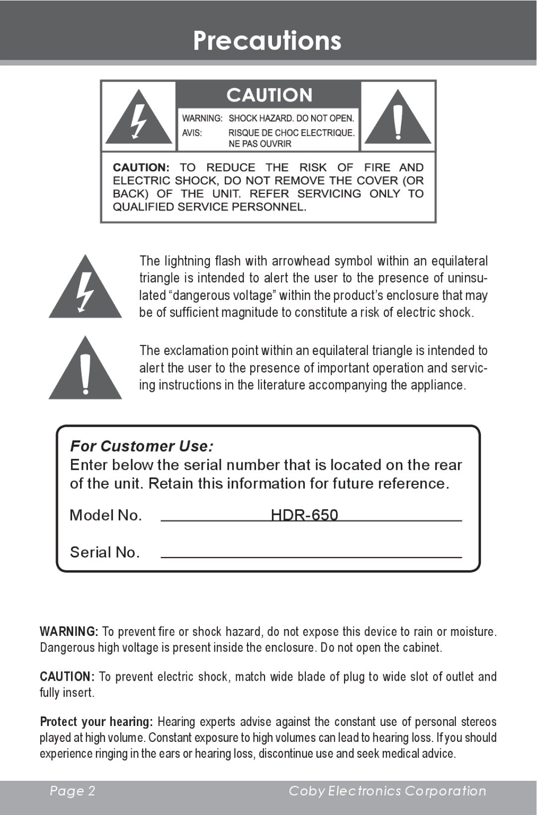 COBY electronic HDR-650 instruction manual Precautions, For Customer Use 