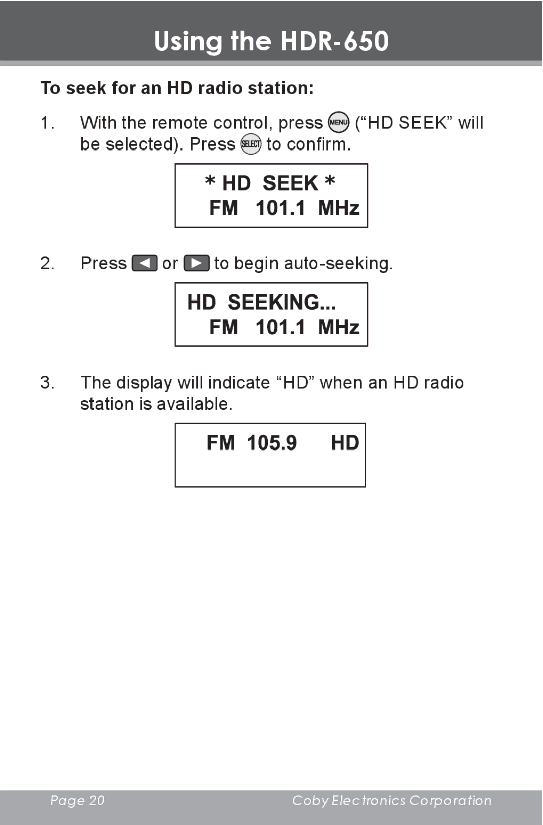 COBY electronic HDR-650 instruction manual HD Seek * FM 101.1 MHz 