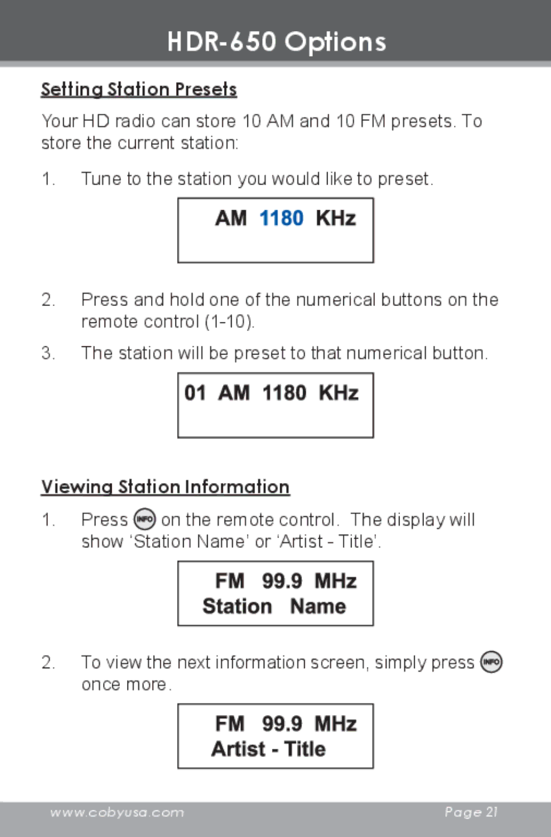 COBY electronic instruction manual HDR-650 Options, 01 AM 1180 KHz, Setting Station Presets, Viewing Station Information 