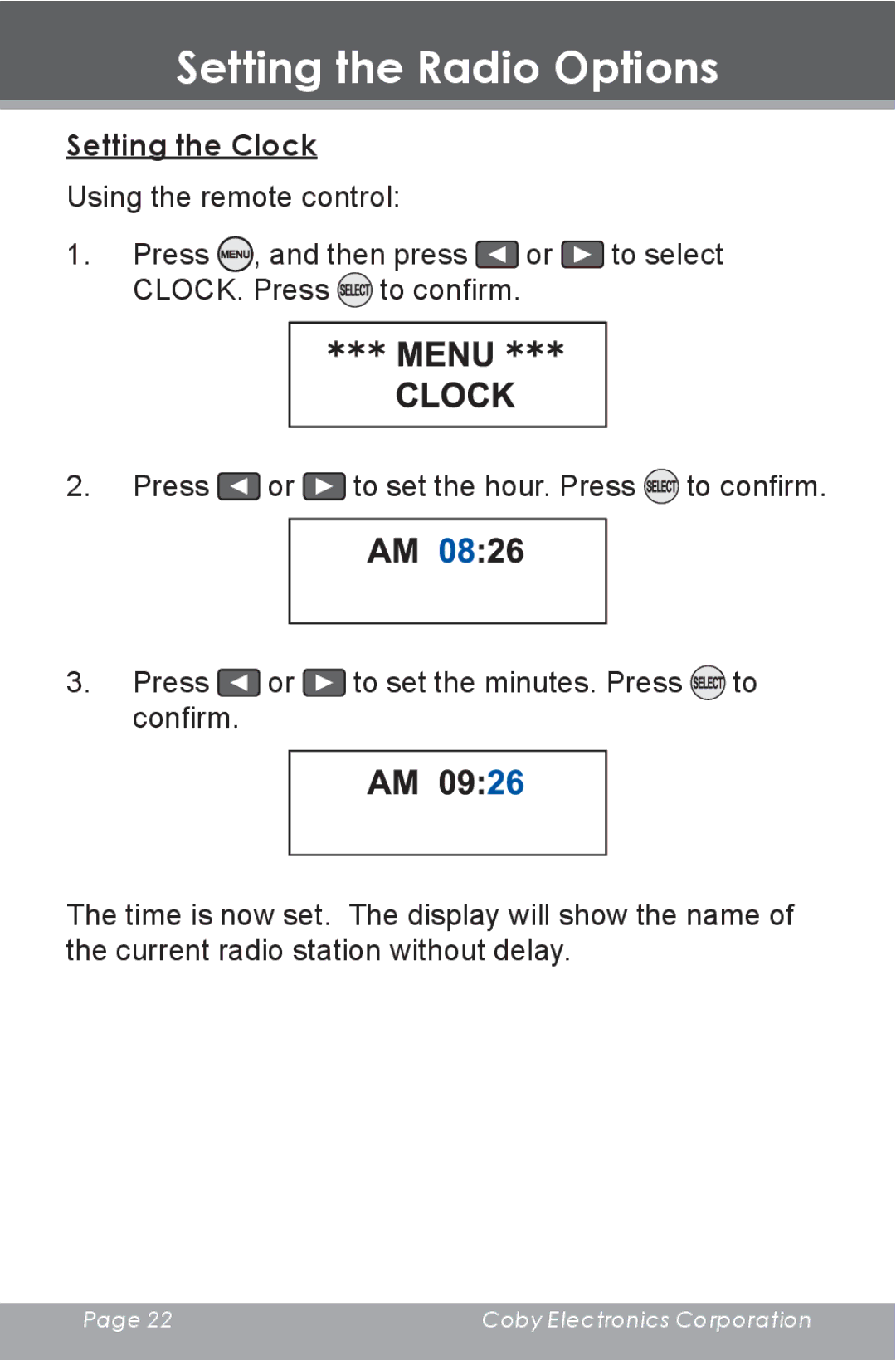 COBY electronic HDR-650 instruction manual Setting the Radio Options, Menu, Setting the Clock 