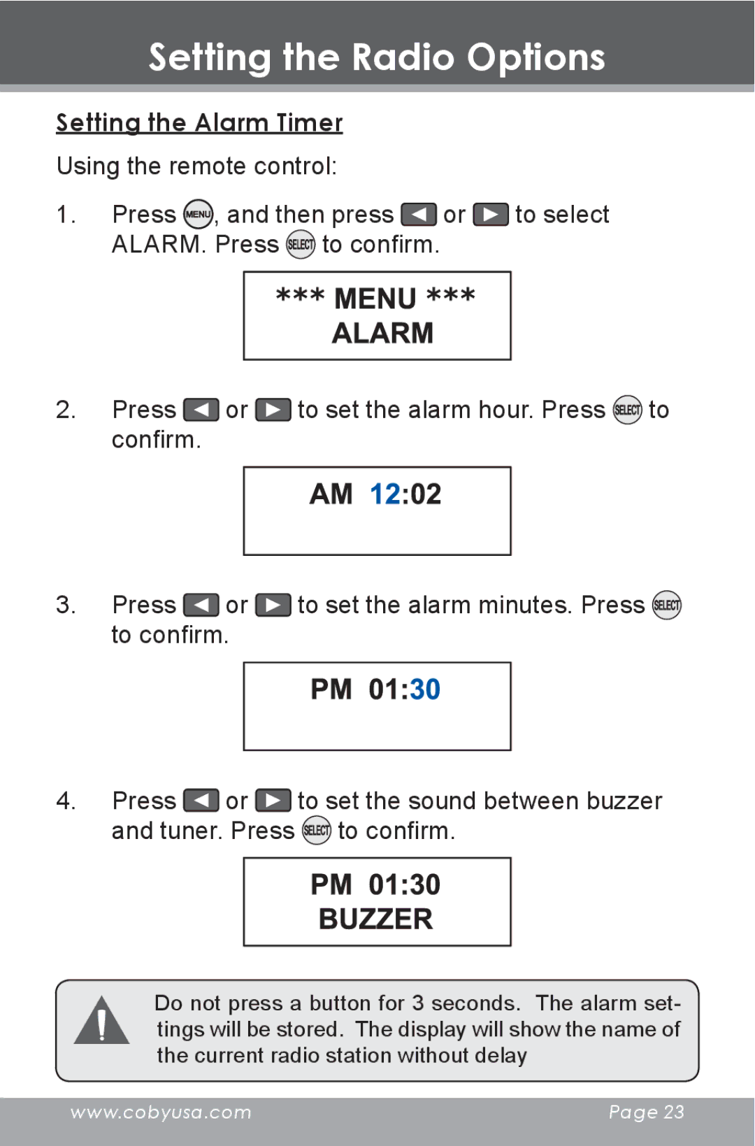 COBY electronic HDR-650 instruction manual Setting the Alarm Timer 